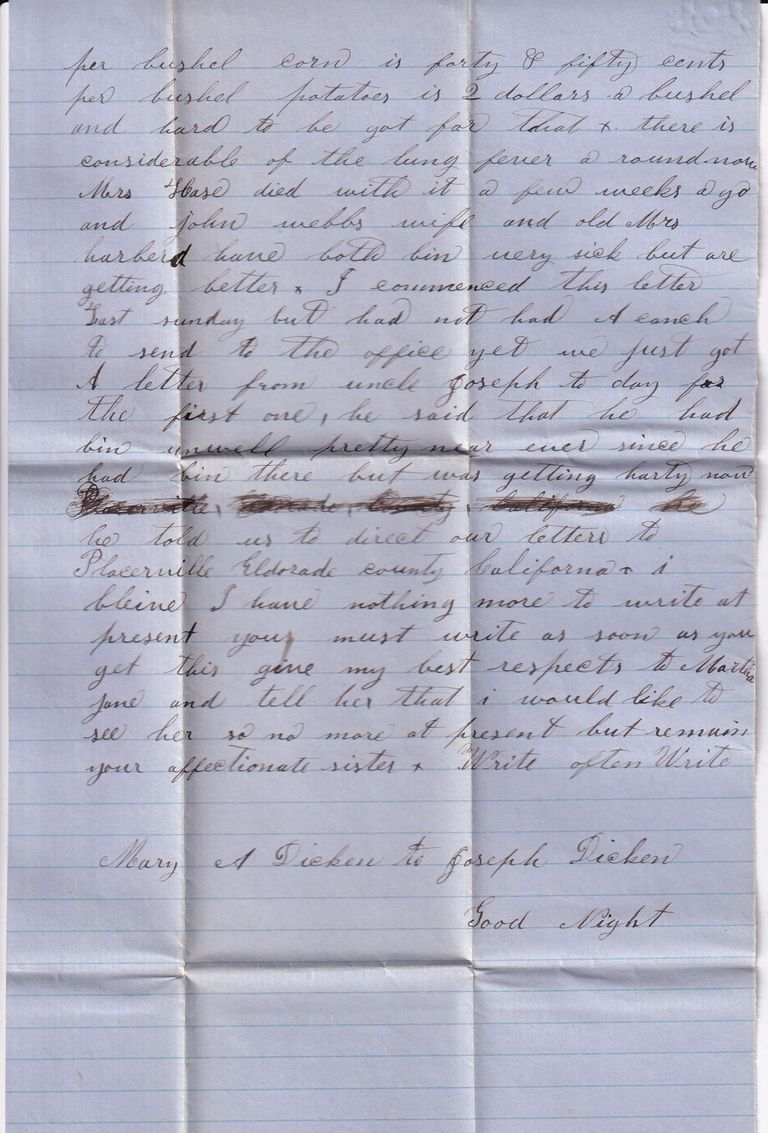 Gold Rush Era Letter from Mary A. Dieken to Joseph Dieken – March 18, 1855 - Image 2