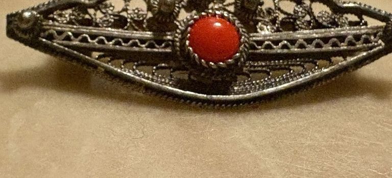 Victorian Filigree Coral Brooch