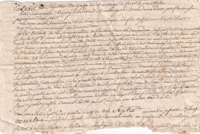 Judicial Extract from the Registers of the Bailiwick Court of Forez at Montbrison