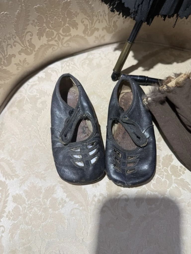Pair of Victorian Children’s Black Leather Strap Shoes (Cutwork Vamp)