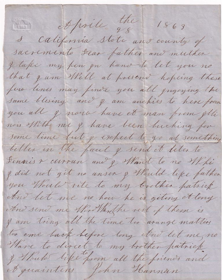 Letter from Sacramento County, California to Family in Ireland