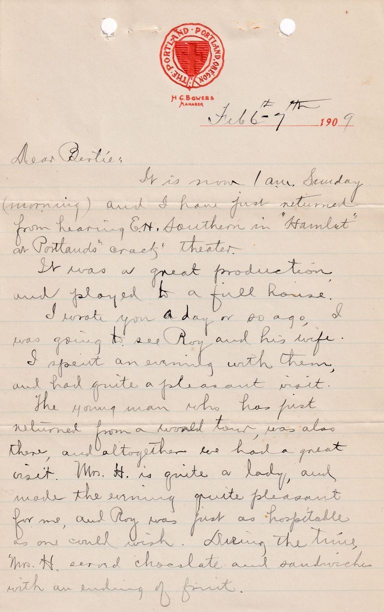 1909.2.6 Letter from Portland, Oregon – Theater Visit & Social Evening with Roy Hayward