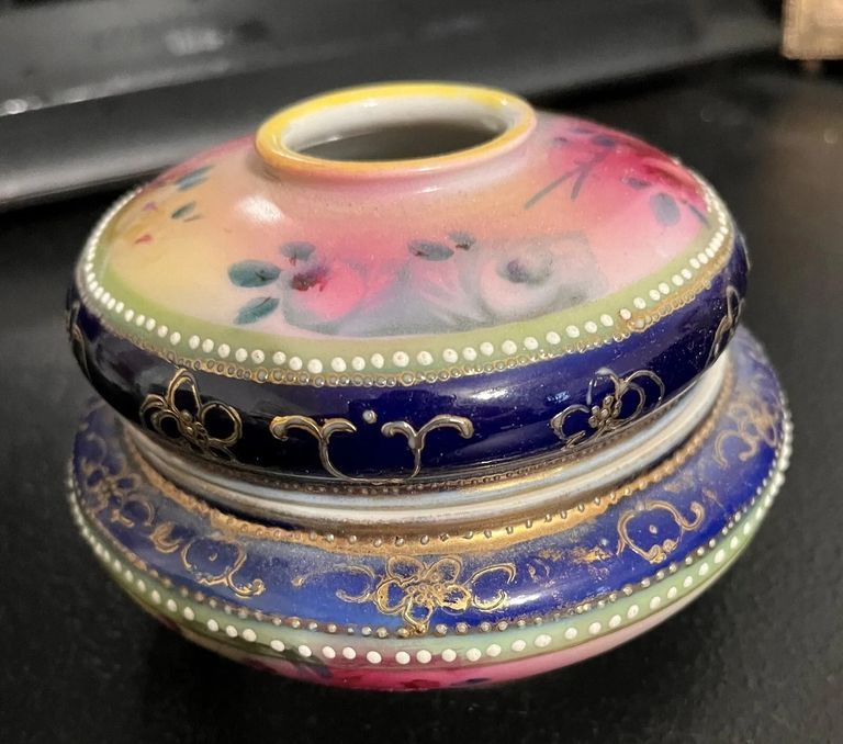 Hand-Painted Nippon Porcelain Hair Receiver with Cobalt and Gilt Decoration