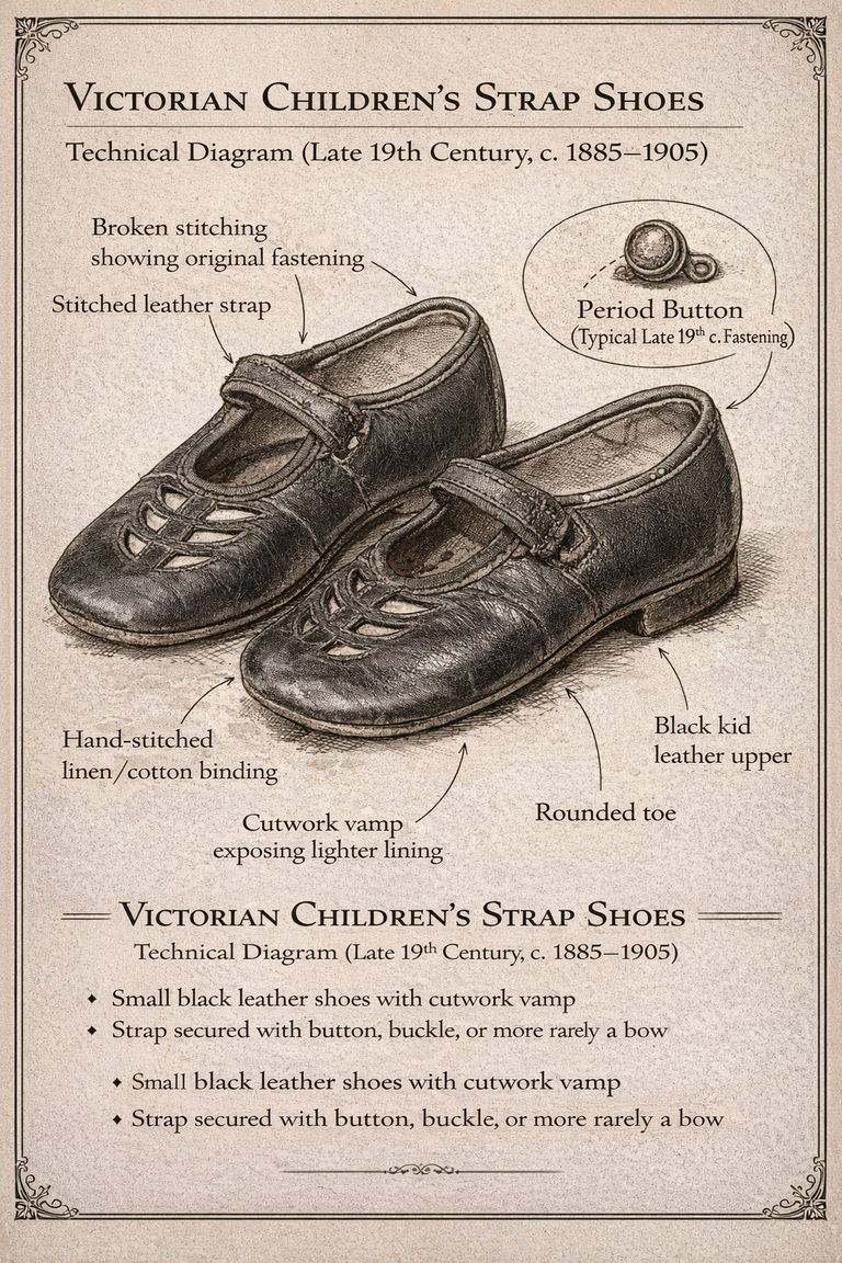 Pair of Victorian Children’s Black Leather Strap Shoes (Cutwork Vamp) - Image 2