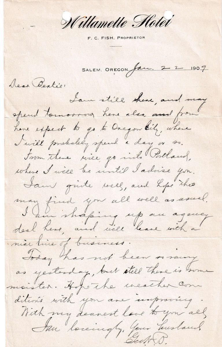 1909.1.22 Letter from the Willamette Hotel, Salem, Oregon – Travel Itinerary & Business Correspondence