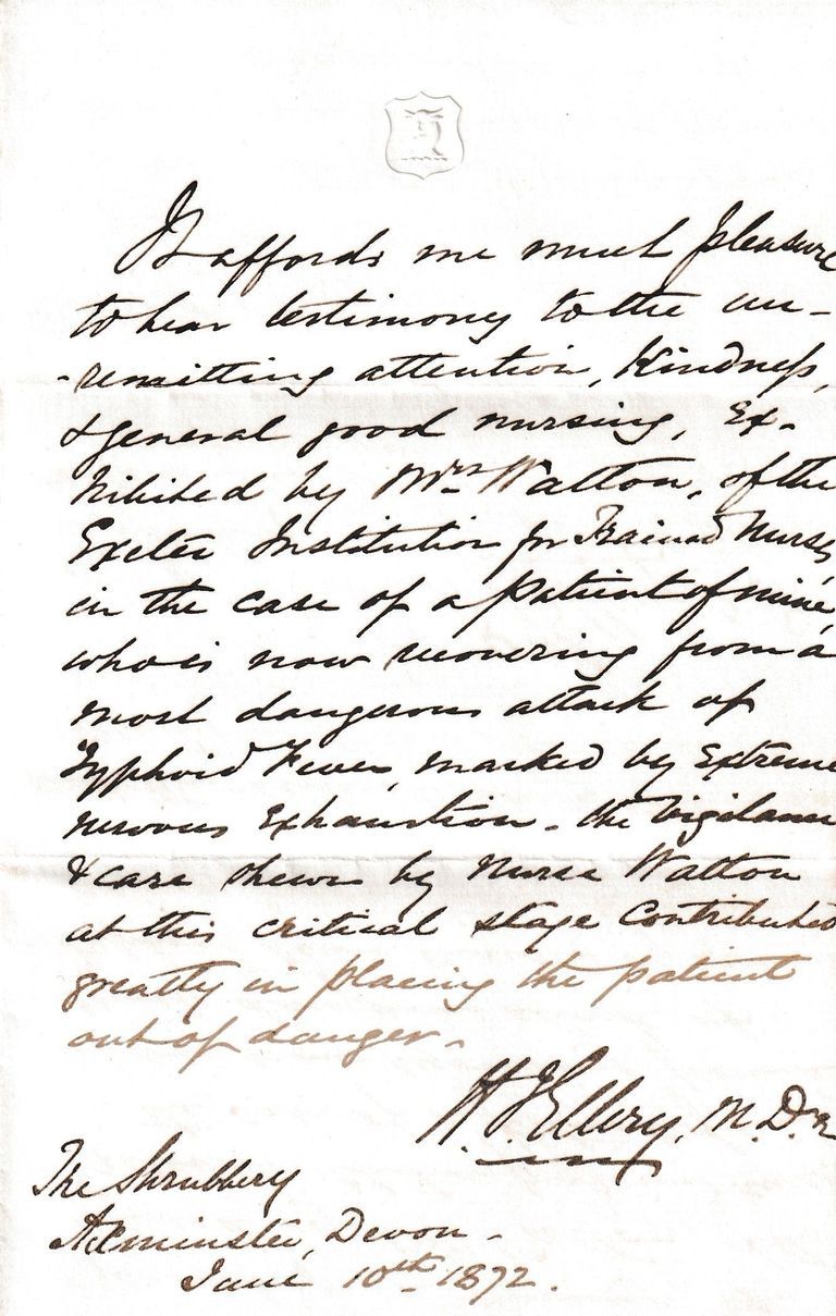 Medical Testimonial for Nurse Walton Regarding Treatment of Typhoid Fever