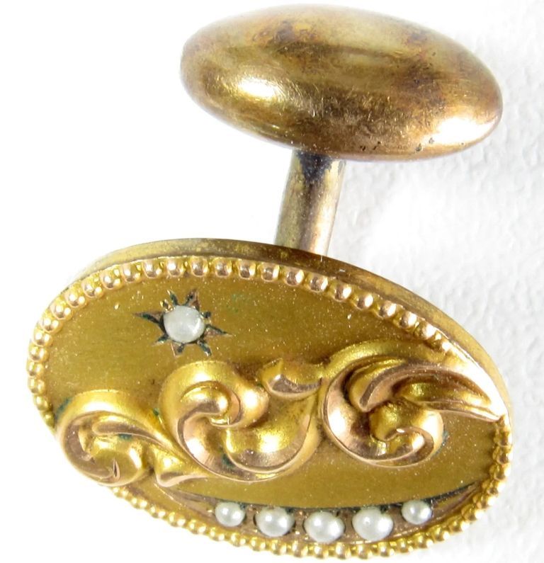 Victorian Gold-Filled Pearl-Set Scrollwork Cufflink (Single)