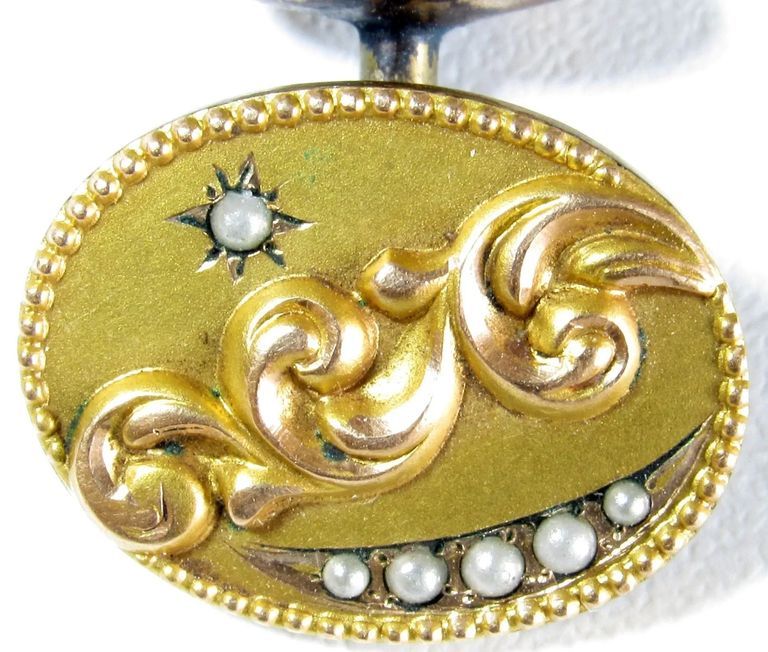 Victorian Gold-Filled Pearl-Set Scrollwork Cufflink (Single) - Image 2