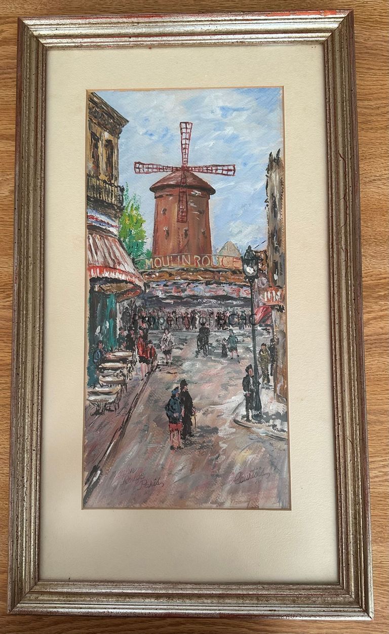 Painting of Moulin Rouge in Paris by Ray Courtois. The frame is in a metallic paint with red/rust undertones visible.