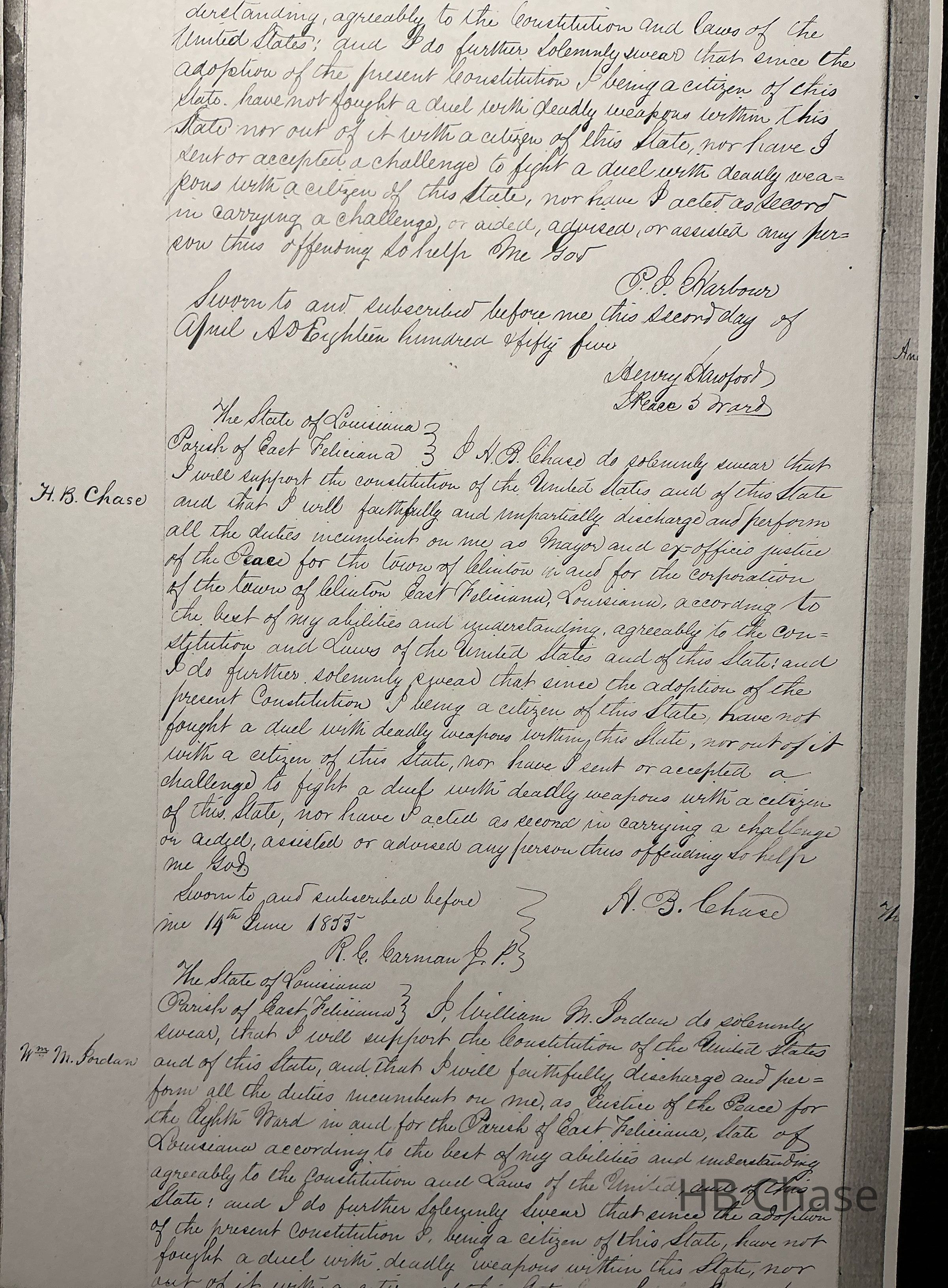 The image is a handwritten document, which contains the oath of office for H.B. Chase, affirming his commitment to support the Constitutions of the United States and the state, and to perform his duties faithfully and impartially. The text includes a declaration against engaging in duels, in compliance with state laws. It is signed by H.B. Chase on June 14, 1858, and attested by R.K. Kerman. The script is cursive, with a formal tone