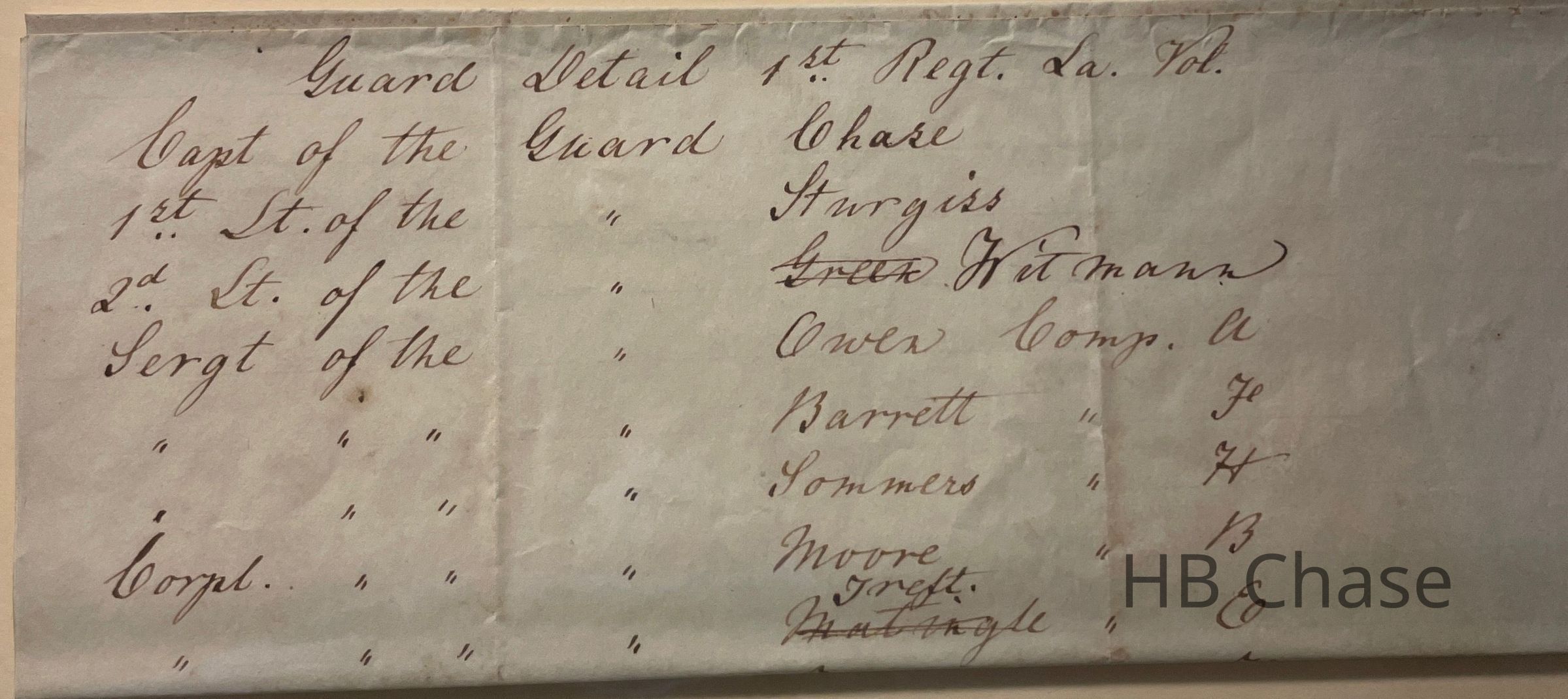 The image shows a historical muster roll document from the Mexican-American War, listing several names in cursive handwriting. It includes ranks and positions such as "Capt. of the Guard" and details individuals like Chase, Sturgiss, and several others under categories such as sergeants and corporals. The document is labeled "Guard Detail 1st Regt. La. Vol.", suggesting its relevance to military organization and hierarchy within Captain HB Chase’s Clinton Guard regiment. The writing is uneven, characteristic