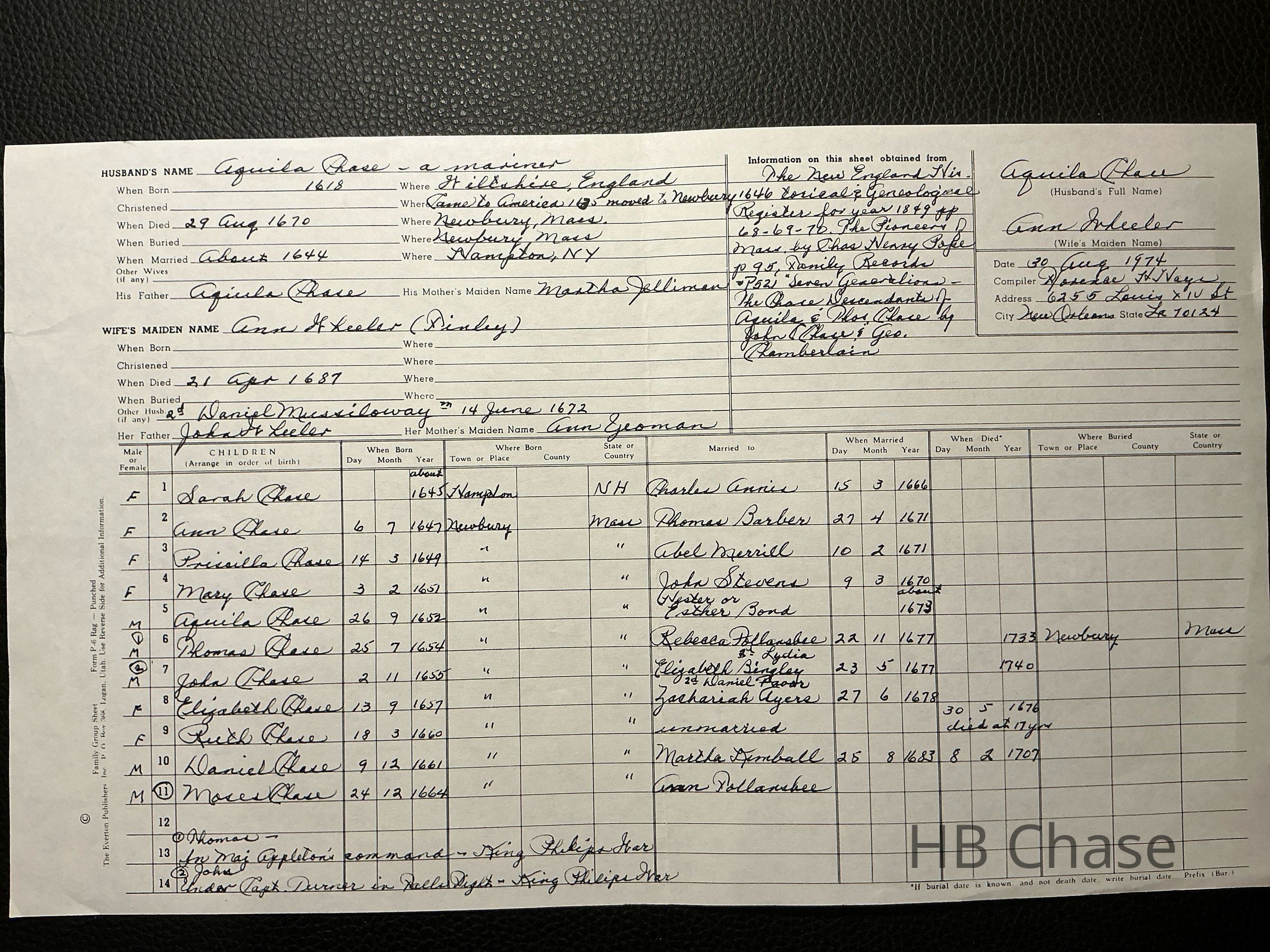 The image is a detailed genealogical record form tracing the lineage of Aquila Chase, born in 1618 in England, noting his marriage to Anne Wheeler around 1644 and listing their children, with corresponding birth and marital information. The record, completed in 1974, originates from genealogical sources, capturing a 17th-century family in Newbury, Massachusetts.