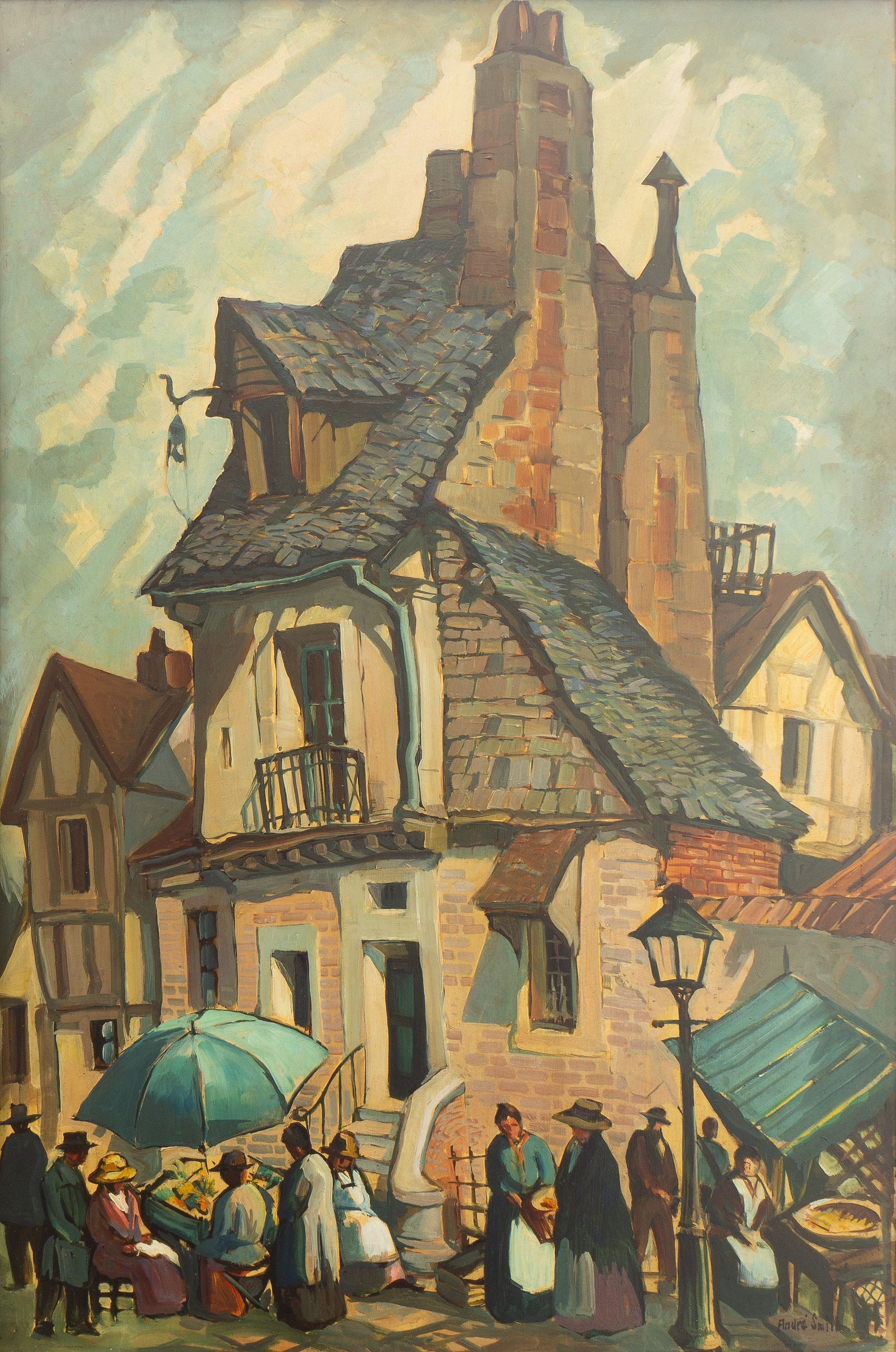 In the painting by J. André Smit, a quaint village scene is depicted with a charming old stone building, characterized by distinctively textured slate rooftops and a towering chimney, surrounded by a lively crowd of people dressed in period attire; they engage in social activities near a marketplace setup, complete with umbrellas and market stalls, under a sky streaked with soft, pastel-colored clouds, evoking a sense of historical nostalgia and communal warmth in an idyllic rural setting.