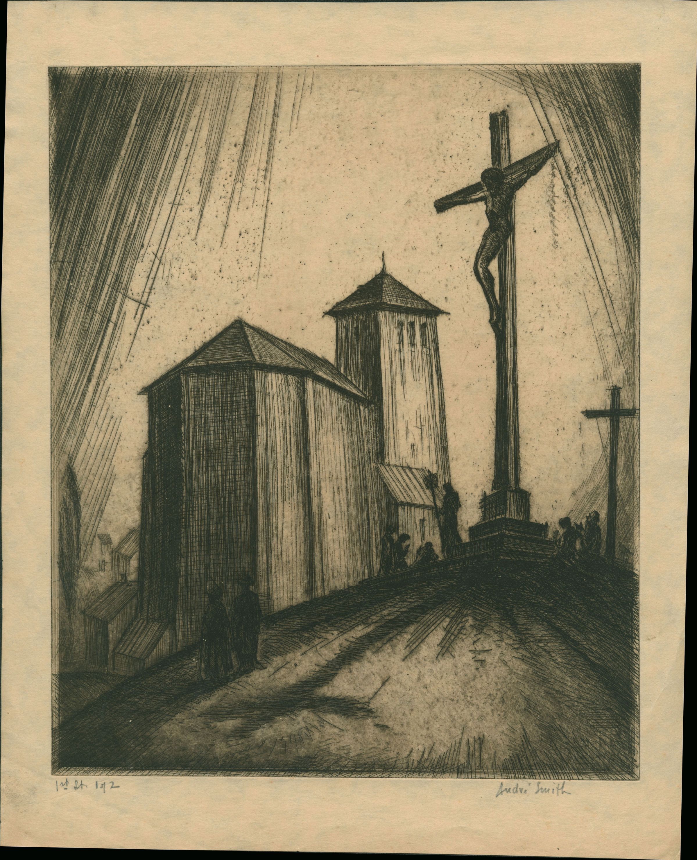 The etching by J. Andre Smith depicts a solemn scene with a prominent crucifixion figure silhouetted against the sky, flanked by two tall, austere buildings with slanted roofs. The composition's perspective draws the viewer's eye along a pathway in the foreground, where a few shadowy figures stand or walk, enveloped in an atmosphere of contemplation. The sky is filled with dynamic, sweeping lines that add a sense of movement and drama to the scene.