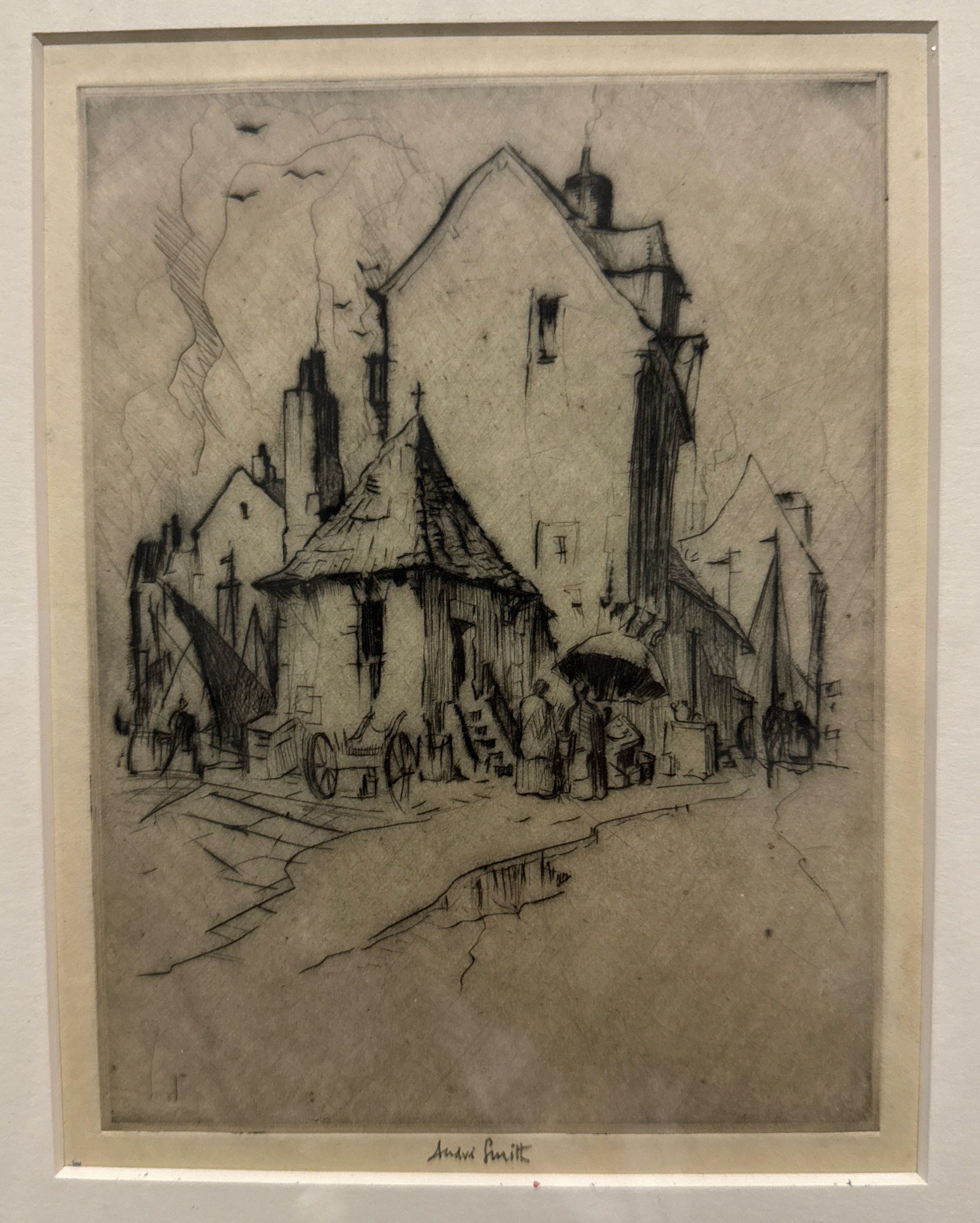 The etching by J. André Smith depicts a quaint street scene with old buildings featuring sloping roofs and tall chimneys, while several people, possibly villagers, gather near the entrance of a central structure; in the foreground, a cart with large wheels is visible, and the ambiance is enhanced by the presence of birds in the sky, contributing to the overall atmosphere of a rustic, possibly European town, with a blend of architectural elements and social activity.