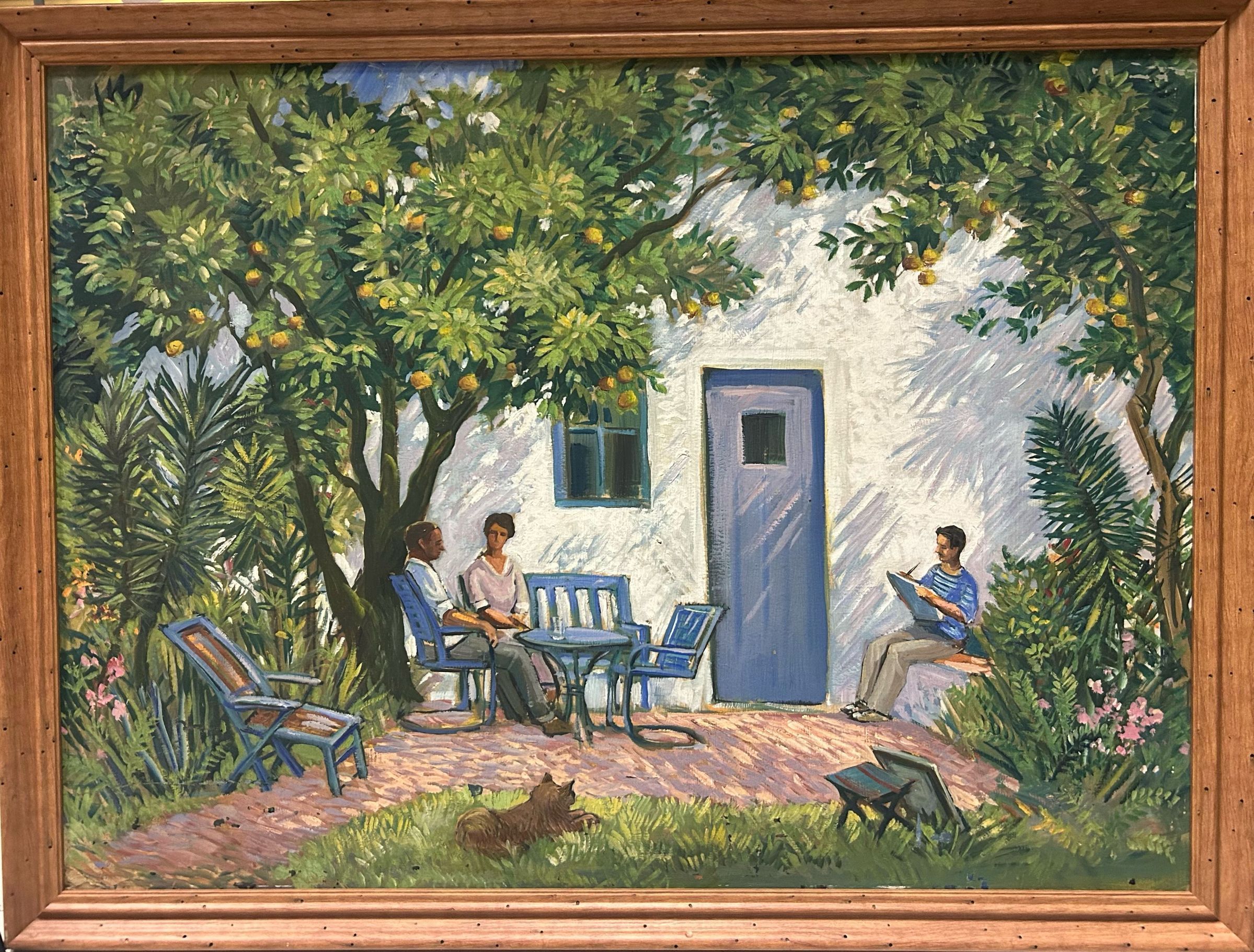 The painting by J. Andre Smith portrays a serene garden scene featuring three people engaging in quiet relaxation and conversation. Two individuals sit at a table beneath a lush green tree with ripe oranges, while a third person is seated nearby, absorbed in writing or sketching. The garden is rich with greenery, including palm-like plants and pink flowers, creating a tranquil, shaded environment. A brown dog lies contentedly on the grass in the foreground, adding to the peaceful ambiance.