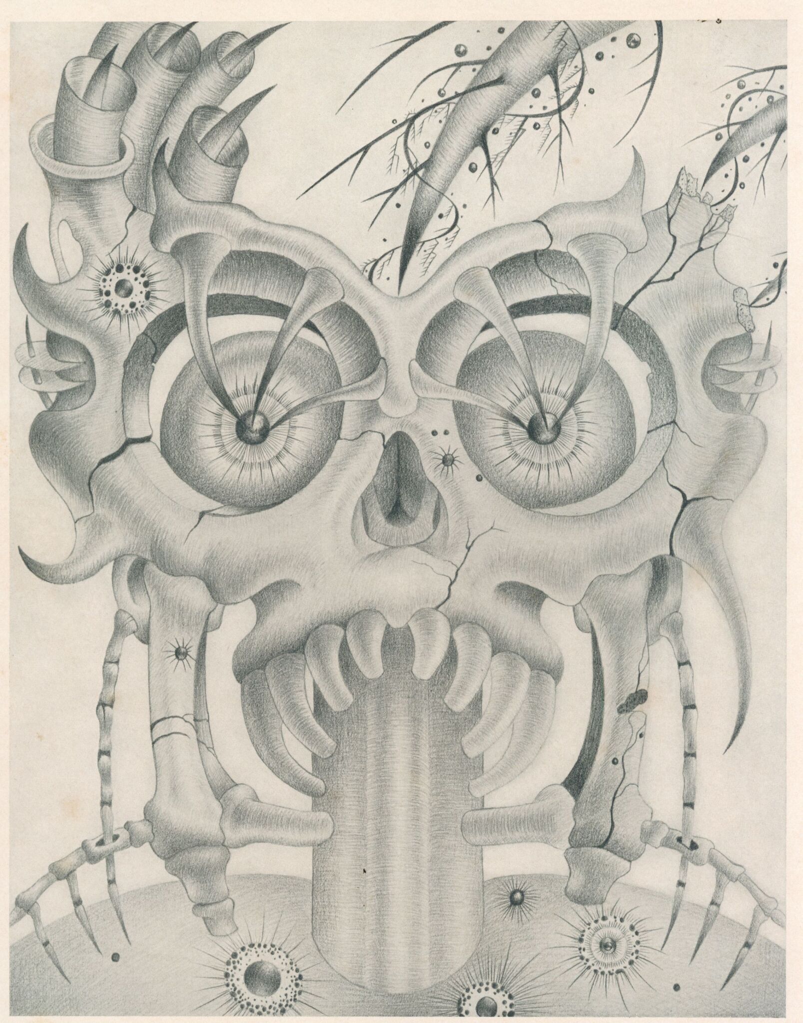 This intricate drawing by John Hawkins features a surreal and hauntingly detailed portrayal of a skeletal face that seems to merge with mechanical and organic elements, where large eye sockets appear as spiraling, mechanical structures, and are surrounded by thorn-like extensions and cracks resembling roots branching out. The mouth is agape, revealing a textured interior, while various bone-like appendages and spiked, plant-like growths emerge from the head, creating an eerie and mesmerizing visual that blurs the lines between life and decay.