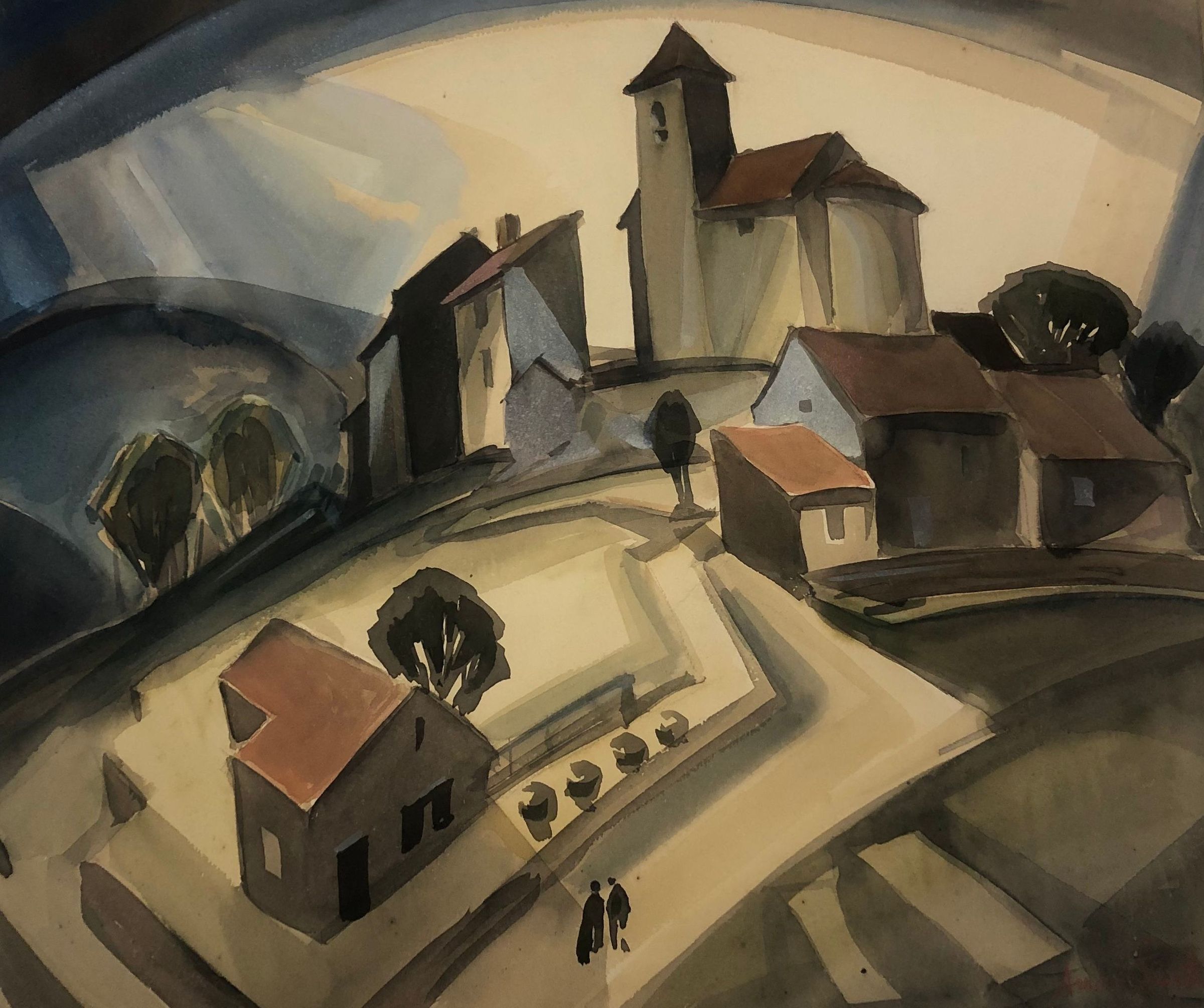 The painting by J. Andre Smith portrays a serene village scene with cubist influences, where buildings and a church with a tall steeple are depicted in geometric shapes, casting elongated shadows across the landscape. The muted palette of earthy tones and soft blues creates a calm atmosphere, while the curved landscape and dark trees add depth to the piece. Two small, silhouetted figures walk along a path, adding a sense of scale and life to the idyllic, abstracted village setting, capturing an essence of tranquility.