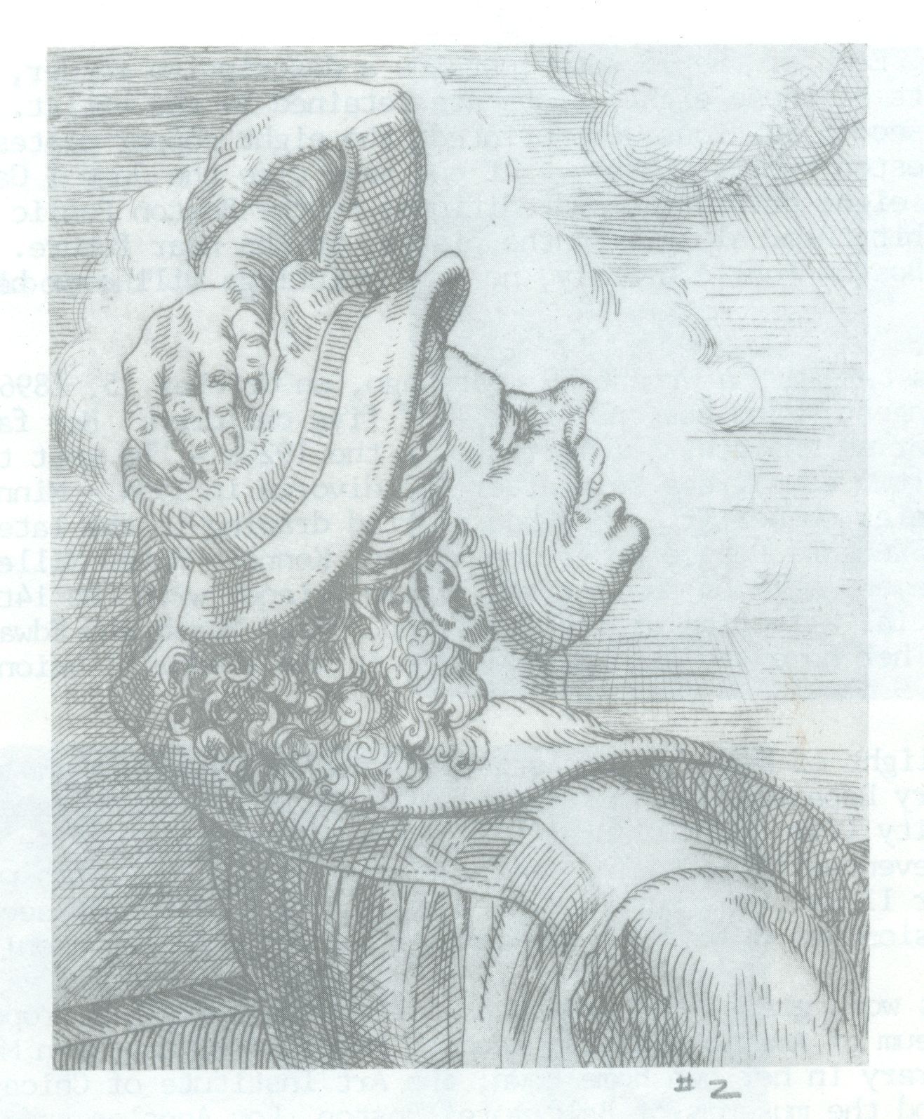 The etching by Minna Citron features a figure in profile, facing upwards with closed eyes and an expression of contentment or contemplation, enveloped by curling lines suggestive of clouds or smoke. The person grasps a wide-brimmed hat with one hand, which partially obscures their curly hair. The intricate details of the etching emphasize the texture of the hair, the folds of the clothing, and the nuanced expression on the person's face. The background is filled with soft, swirling lines