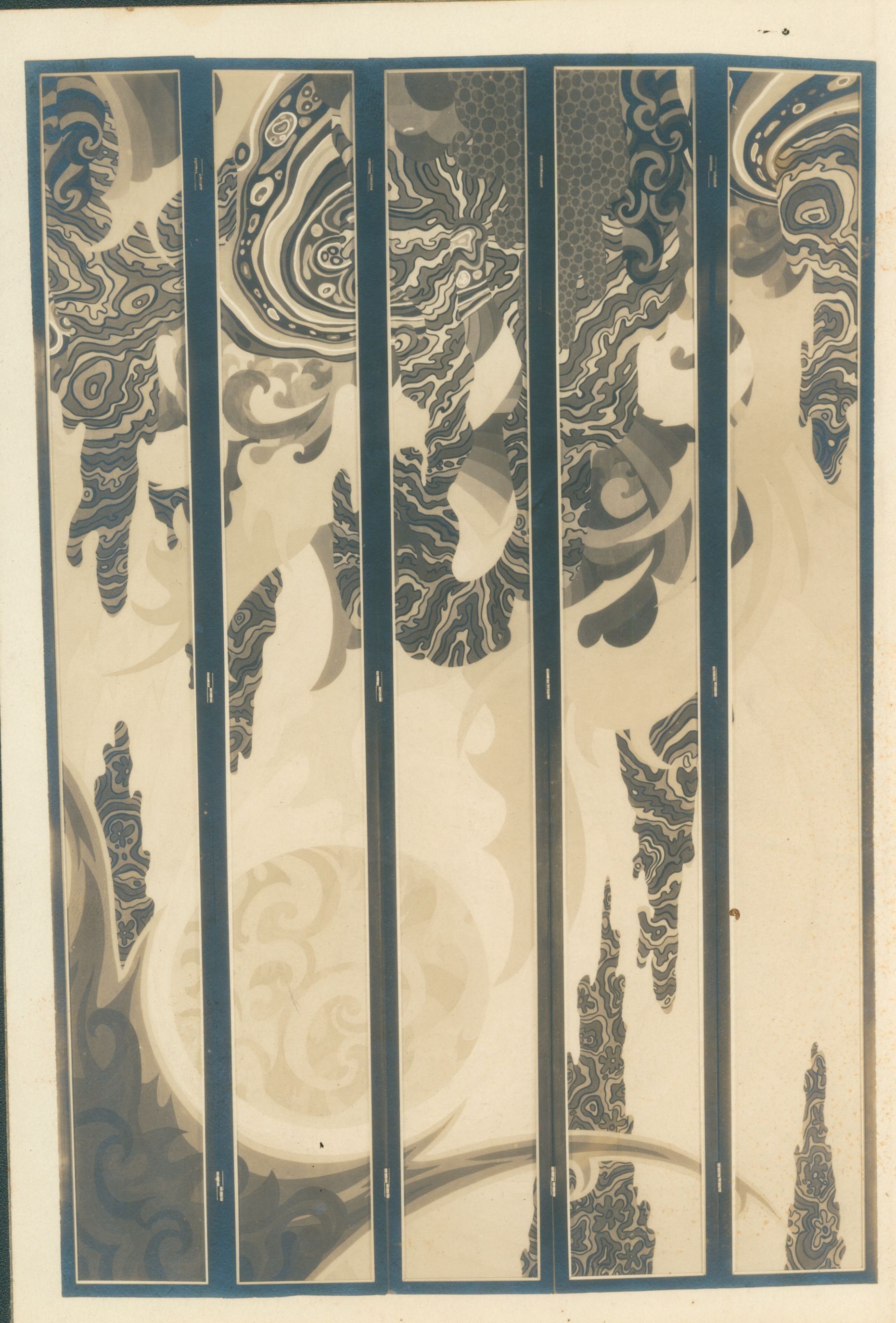 The image is a John Hawkins artwork featuring a series of vertical panels adorned with intricate abstract patterns in shades of blue and gray. Each panel displays swirling and layered designs, evoking a sense of fluidity and movement. The organic shapes and lines suggest a harmonious blend of nature-inspired motifs, resembling topographical maps or ocean currents. The overall composition creates a dynamic visual rhythm, as the patterns vary in density and detail, drawing the viewer’s eye across the entire piece. The use of contrasting tones adds depth.