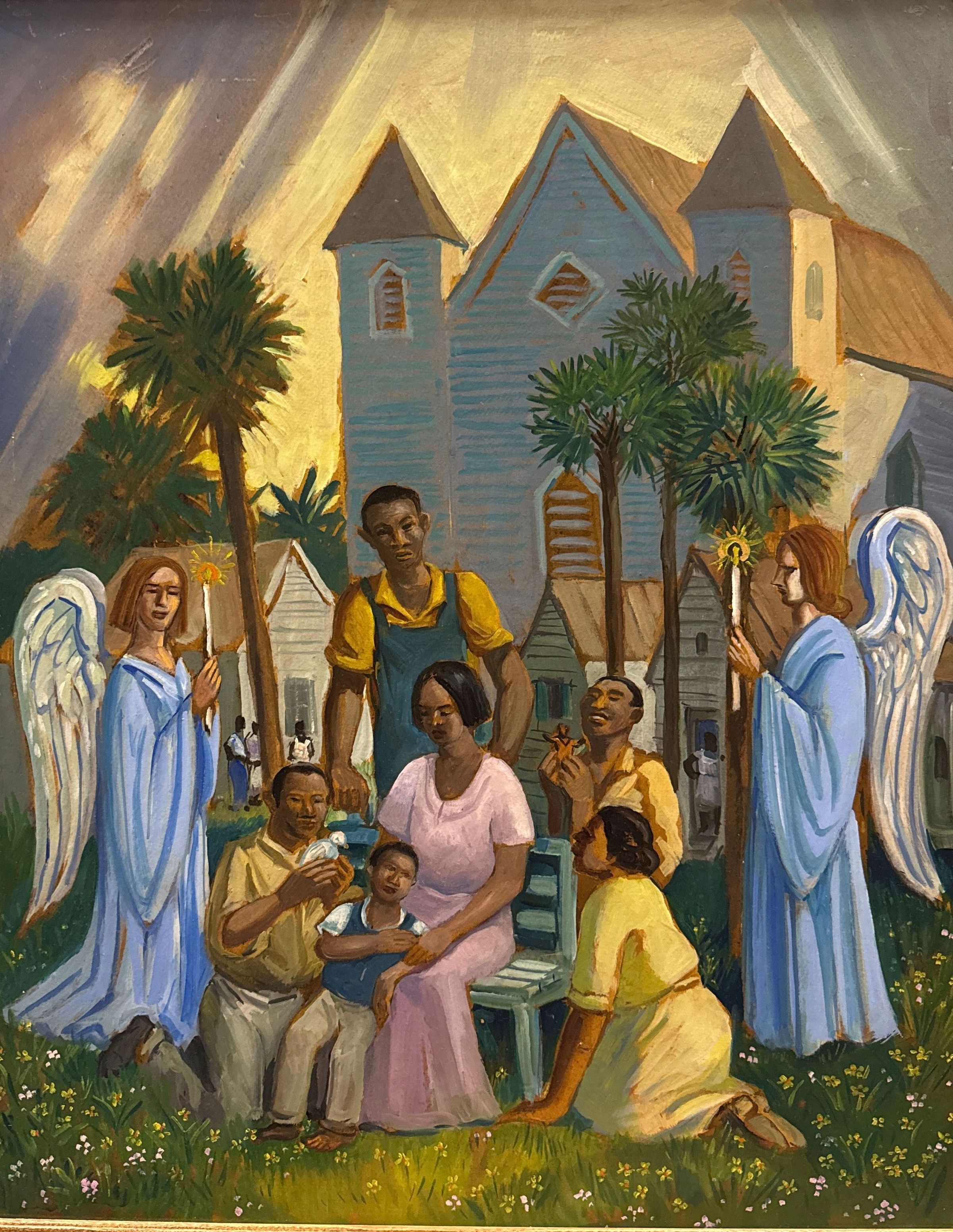 The painting by J. Andre Smith depicts a serene family scene set against a backdrop of a church and palm trees, where a group of individuals, including a seated woman in pink and a man holding a child, are surrounded by angelic figures in blue robes holding staffs, with rays of light illuminating the peaceful gathering, conveying a sense of protection and harmony.