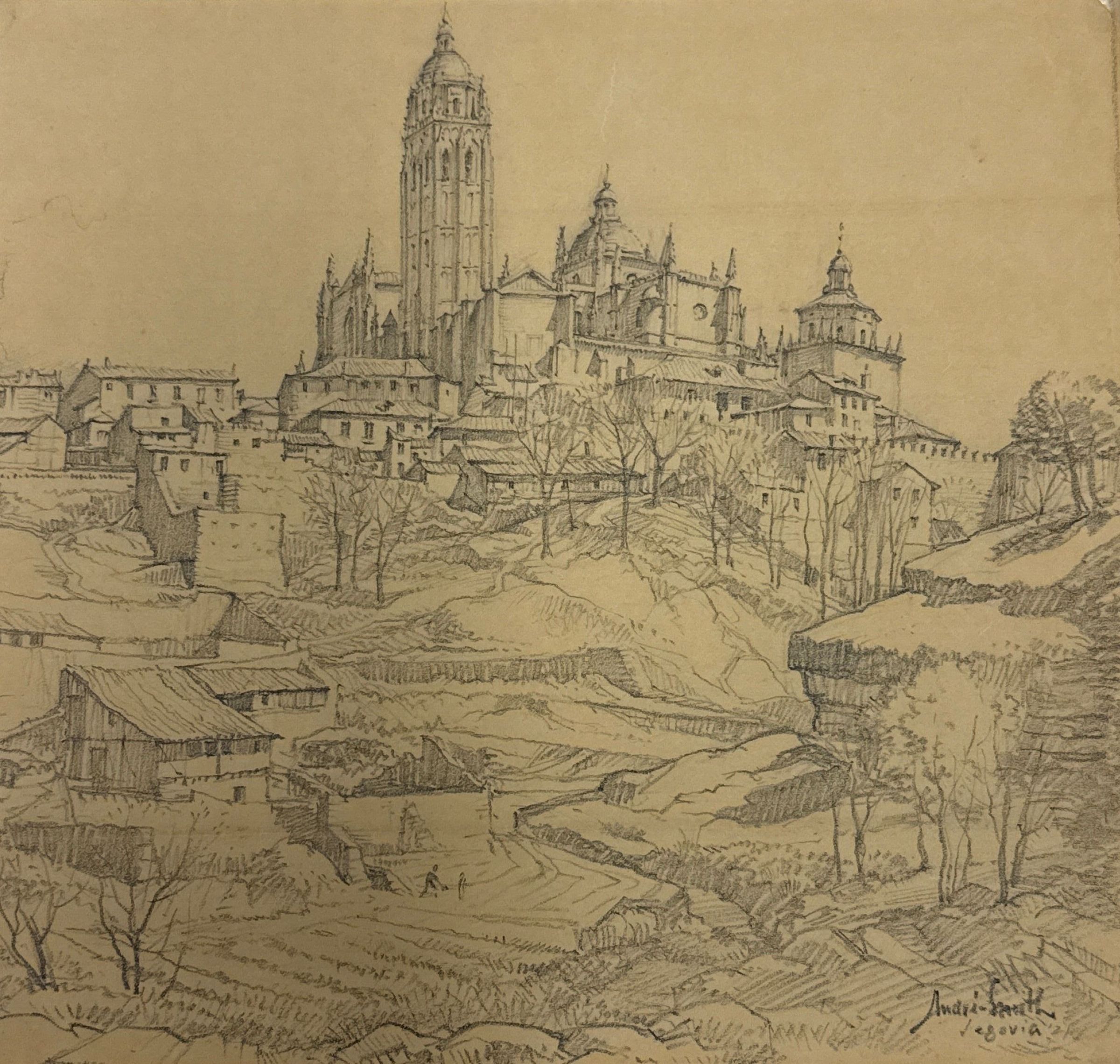 The drawing by J. Andre Smith depicts an intricate view of Segovia, Spain, showcasing the city's iconic architecture with its towering cathedral in the background. The foreground features a landscape of undulating hills and quaint buildings, intricately sketched with detailed lines. Trees are scattered throughout, adding depth and texture to the scene. The composition captures the essence of Segovia's historical charm, combining urban structure with the natural environment, creating a harmonious balance. Overall, the drawing exudes a serene and timeless quality.