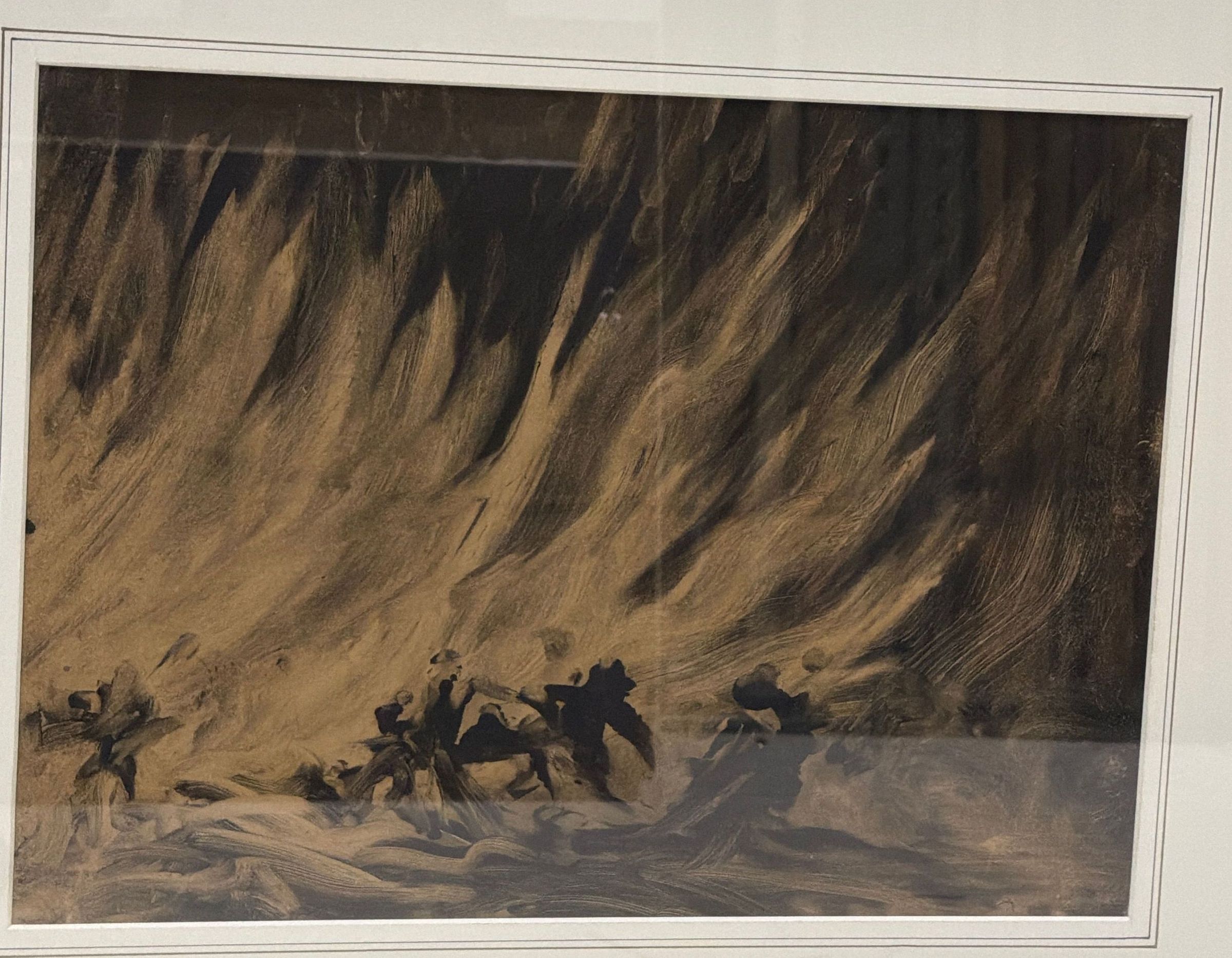 The artwork by J. Andre Smith depicts a dramatic scene filled with dynamic movement, where dark, silhouetted figures, caught in the fury of an overwhelming blaze, appear to struggle against the backdrop of swirling flames that dominate the upper half of the composition, evoking a sense of chaos and the raw power of nature, rendered in rich, earthy hues that create a stark contrast against the intense, fiery strokes, and the intense visual rhythm suggests a moment of urgency and visceral emotion, reflecting the artist's skill.