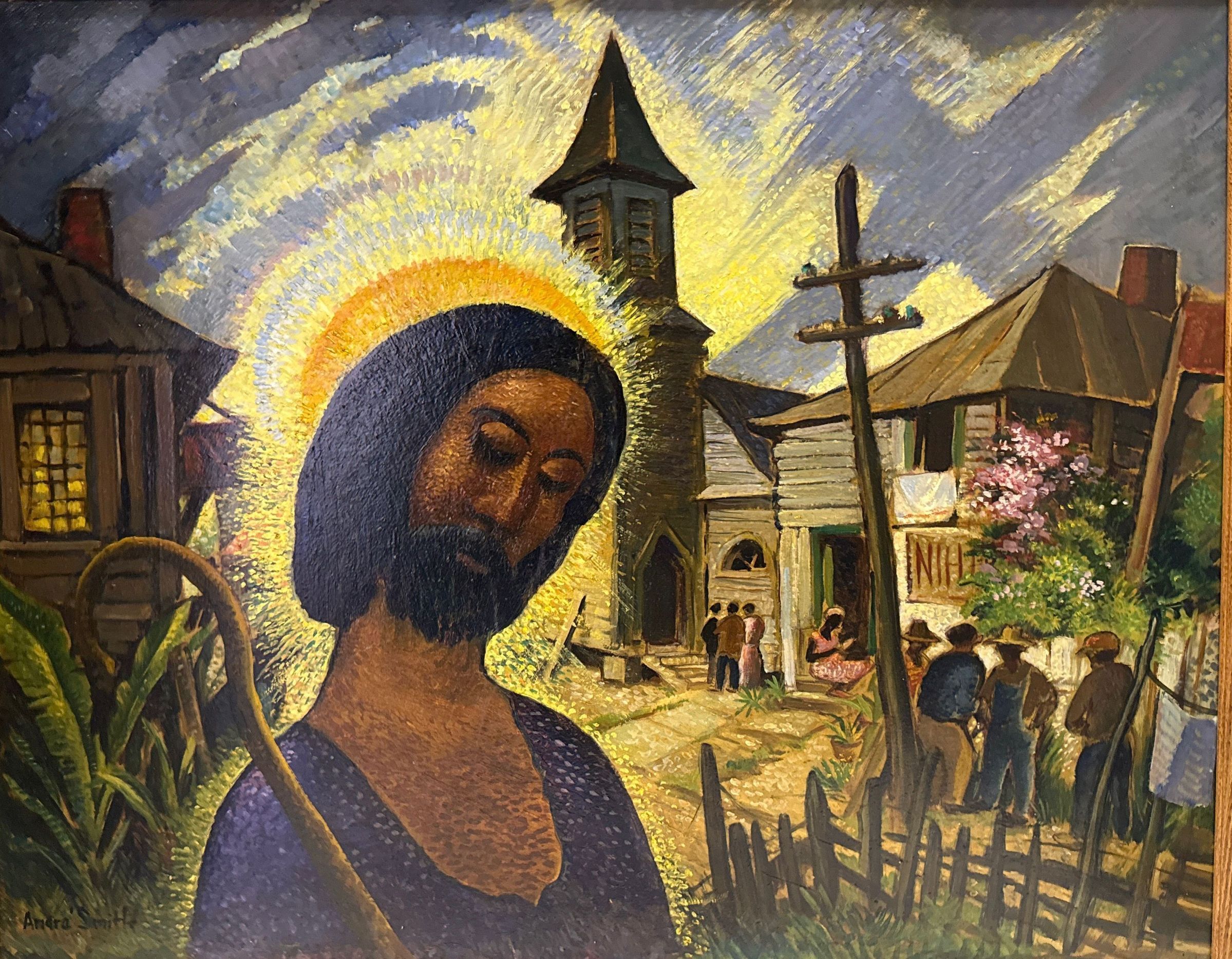 In this vibrant painting by J. Andre Smith, a serene figure with a radiant halo, resembling traditional depictions of a saint or spiritual leader, is depicted in front of a lively village scene with rustic houses, a prominent church tower, and several people engaging in various activities, all under a dramatic sky illuminated by dynamic strokes of light and color, which conveys a sense of community and divine presence amidst everyday life.