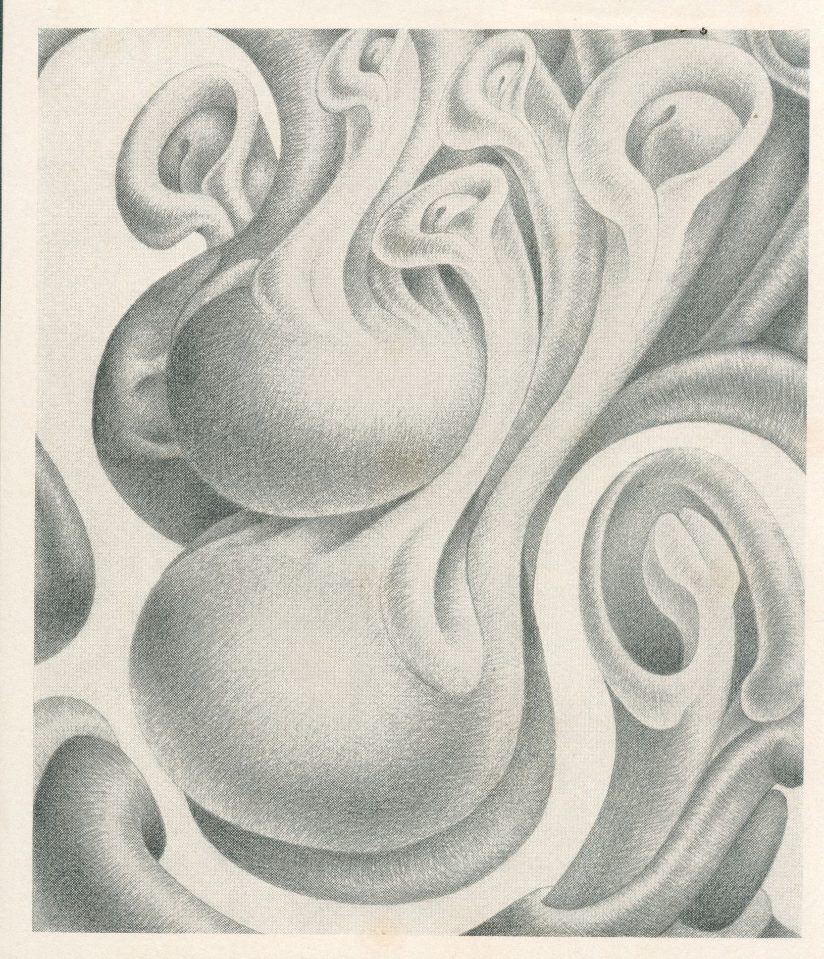 This image, attributed to John Hawkins, presents an intricate, abstract design composed of flowing and intertwining organic shapes that invoke a sense of movement and depth, skillfully rendered in monochrome tones to create a three-dimensional effect, reminiscent of surreal landscapes or microscopic worlds.