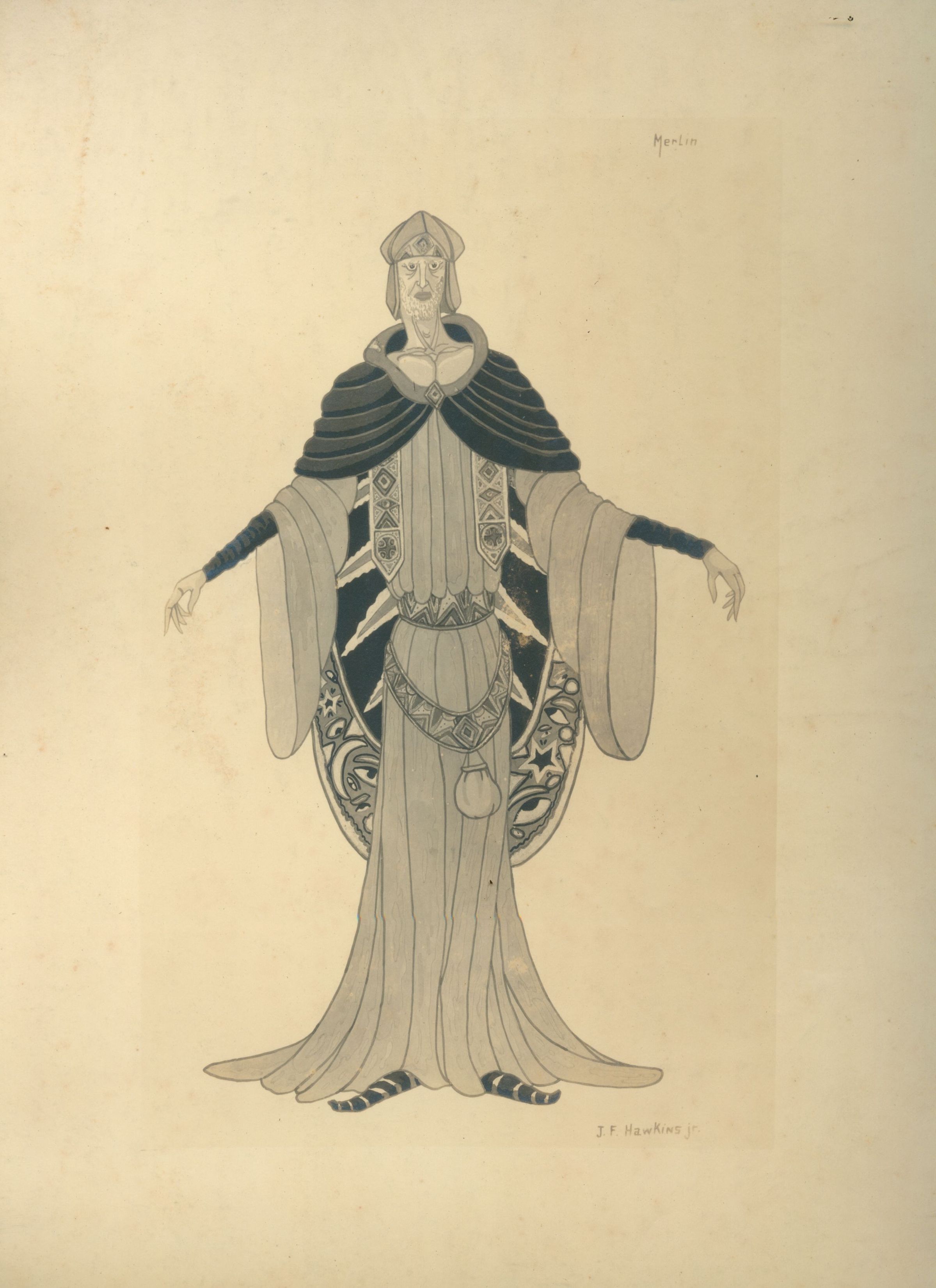The image depicts an intricate and stylized illustration by John Hawkins featuring a tall, enigmatic figure dressed in elaborate robes with expansive, circular patterns and detailed ornamental designs, likely representing Merlin as noted by the inscription. The figure's attire is composed of geometric patterns and flowing lines, expressing a sense of grandeur and mysticism. The character's arms are outstretched, adding a dynamic quality to the illustration, and a somber expression enhances the overall air of mystery.