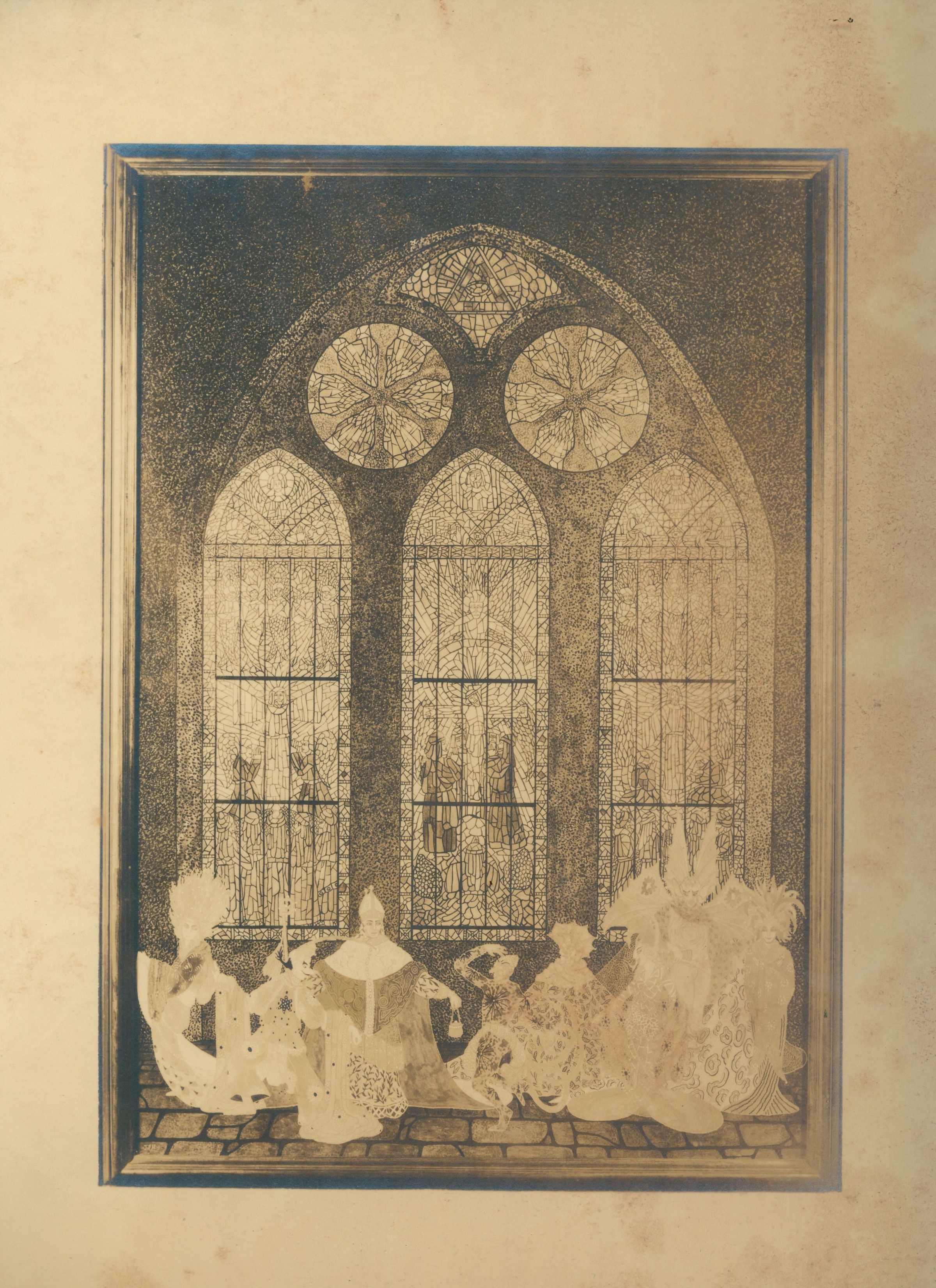 The image depicts a detailed illustration of a gothic-style stained glass window with three main pointed arches topped by three circular designs, each intricately patterned, set within a large arched frame; below, a group of ornate, abstract figures—possibly royalty or clergy—adorned in elaborate robes and headdresses appear to gather, suggesting a setting of grandeur and historical or ceremonial significance, while the soft, sepia tones of the artwork evoke a sense of antiquity and offer a glimpse into a mystical,