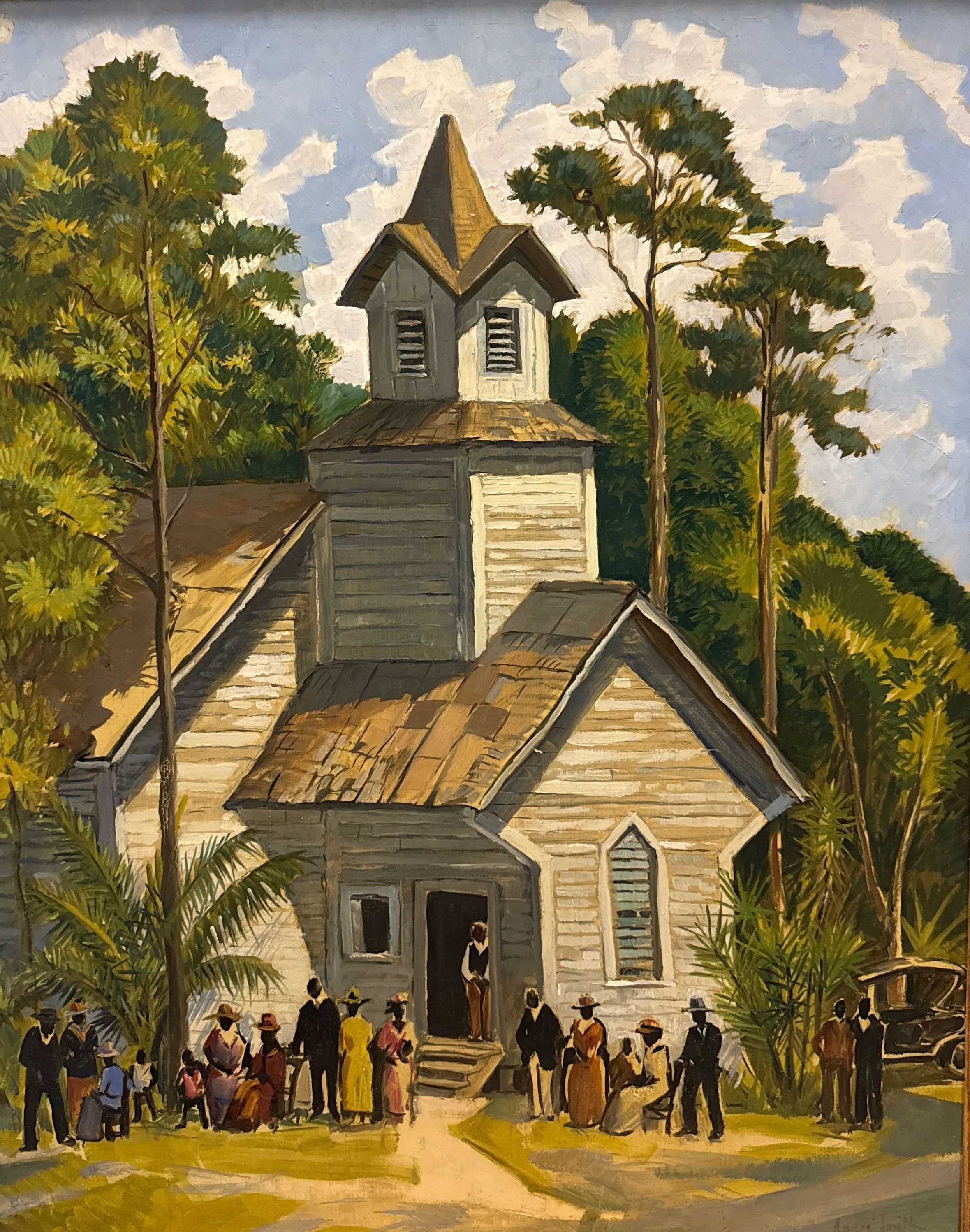 This painting by J. Andre Smith depicts a quaint wooden church nestled amidst lush greenery and tall trees, with a serene sky overhead, where a gathering of people in period attire congregates at the front, some engaging in conversation while others prepare to enter, capturing a moment of community and reflection in a rural setting, with the soft interplay of light and shadow adding depth and warmth to the scene, evoking a timeless sense of belonging and spirituality that resonates through the harmonious composition of nature and architecture.