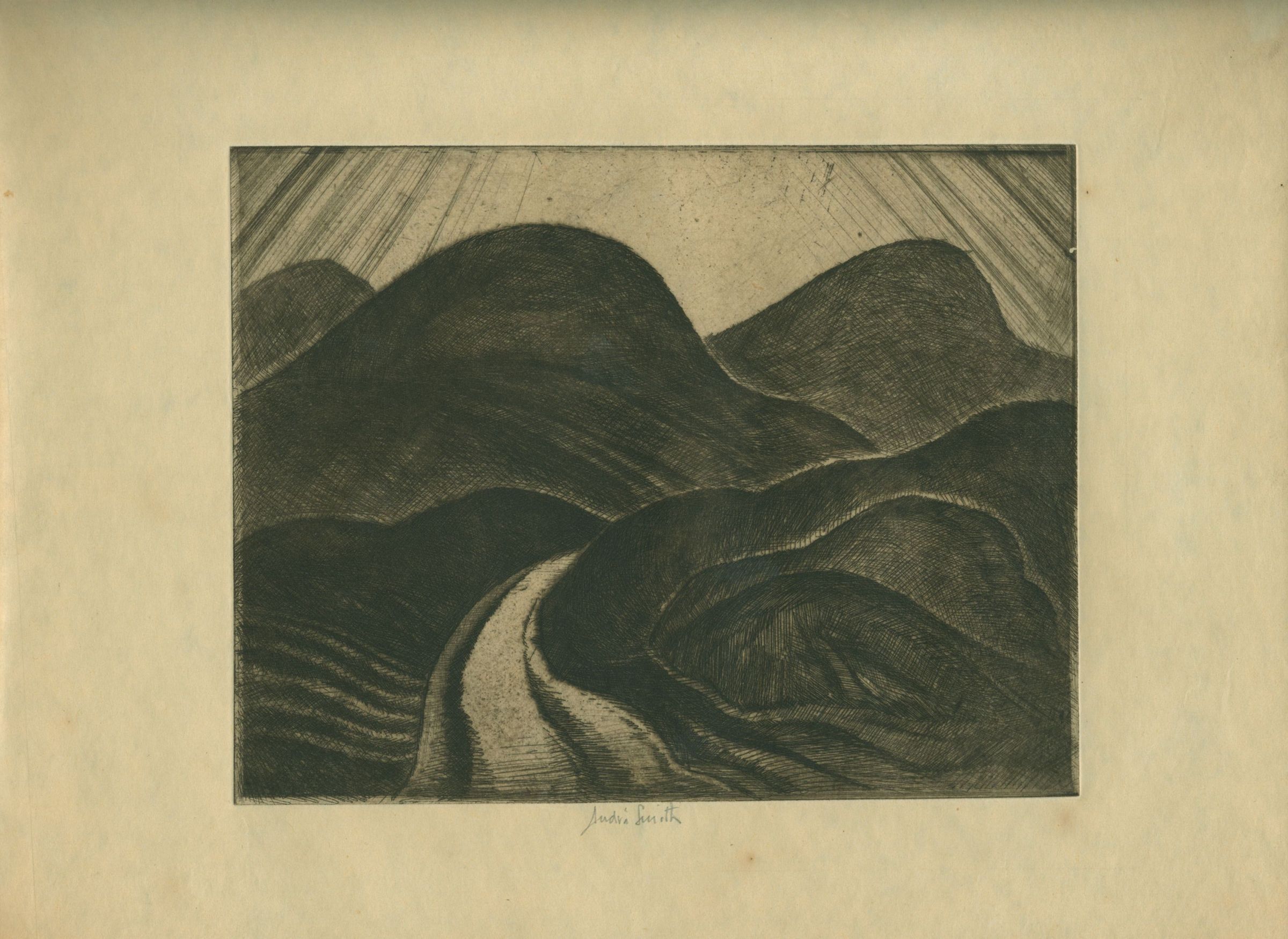 In J. Andre Smith's "Dark Hills," a brooding landscape is depicted with shadowy, undulating hills under streaks of light, creating a dramatic contrast that enhances the mysterious and somber mood. The artwork employs rich textures and intricate lines to guide the viewer's eye along a winding path amidst the dark terrain, inviting contemplation on the interplay between light and shadow in nature's expansive forms. This atmospheric piece captures the essence of serenity and isolation, drawing attention to the tranquil yet haunting beauty of the hillside