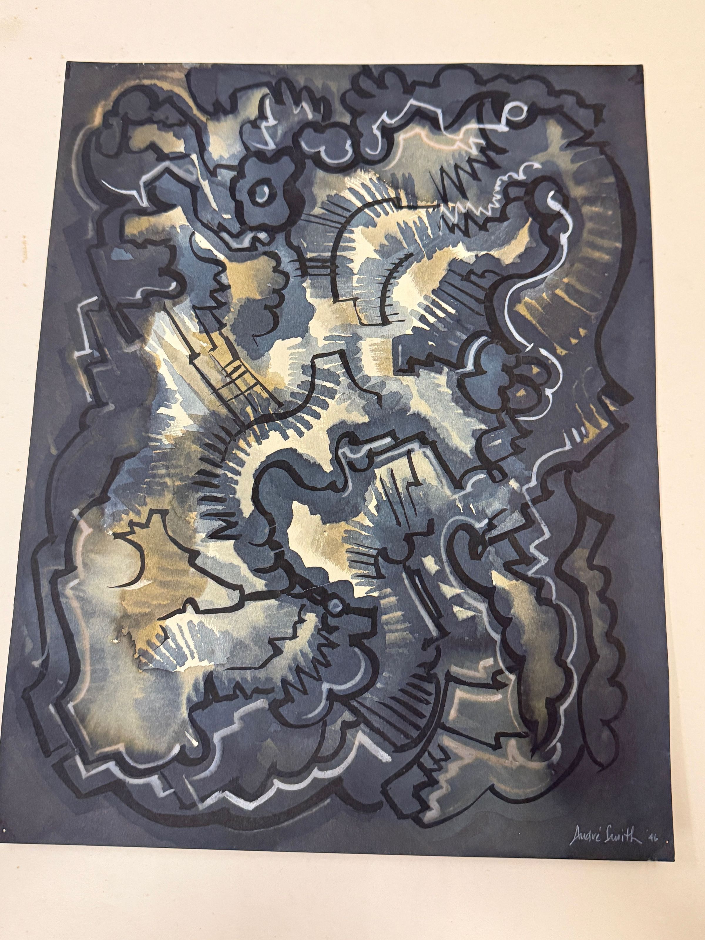 The painting by J. Andre Smith features an abstract composition with dynamic, swirling forms and bold lines, creating a sense of movement and energy. The color palette consists mainly of deep blues, muted grays, and soft golds, blending harmoniously to evoke a sense of depth and complexity. The intricate patterns interlace with jagged edges and whimsical curls, giving the piece a stormy yet intriguing atmosphere. The artist’s signature is visible in the bottom right corner, dated 1946.