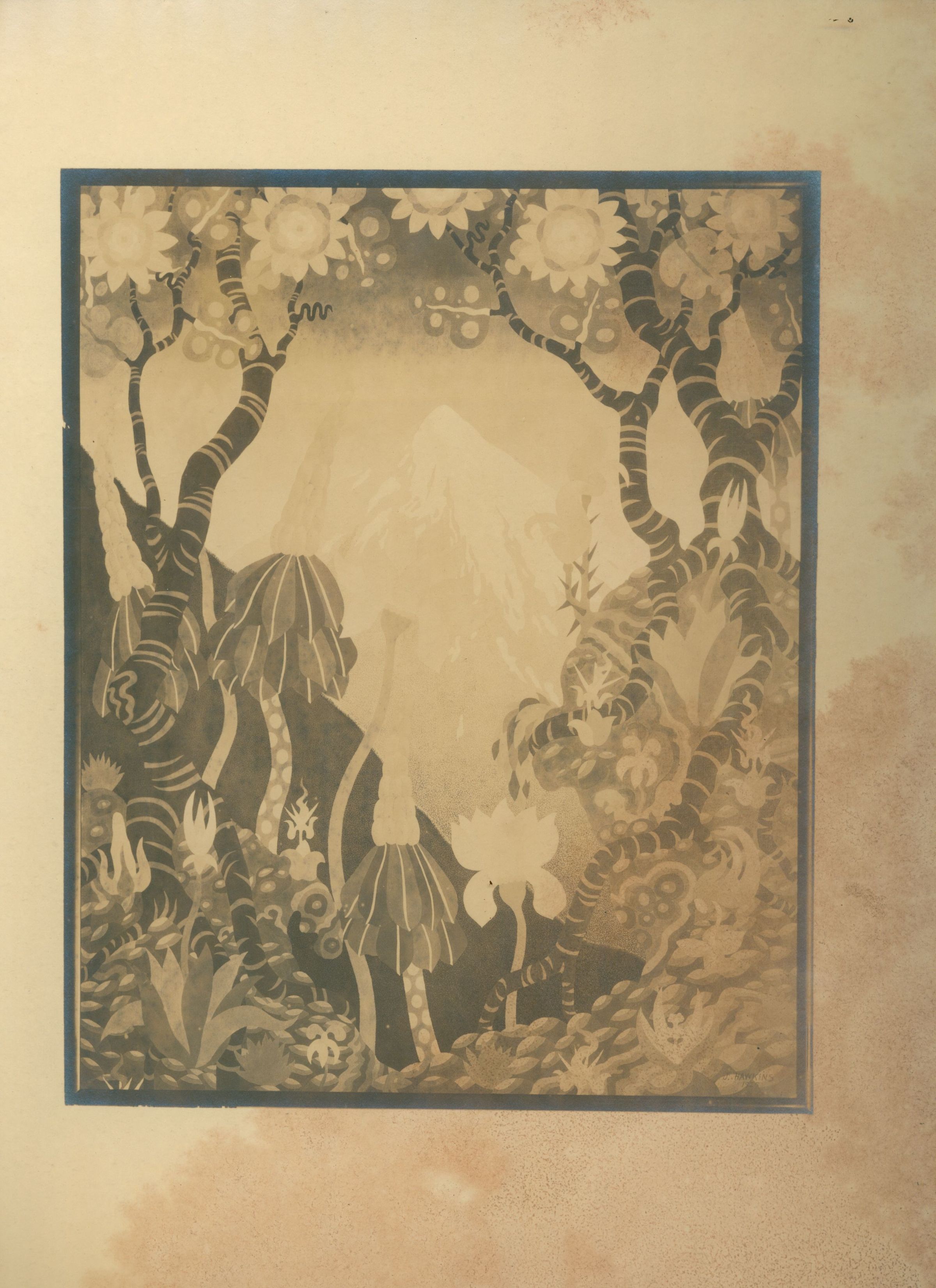This artwork by John Hawkins showcases a surreal landscape blending stylized trees with swirling trunks, oversized flora, and abstract plant forms, all framing a distant mountain peak under a soft, muted color palette that evokes a sense of ethereal mystery and dreamlike tranquility, encapsulating a harmony between nature and imagination.