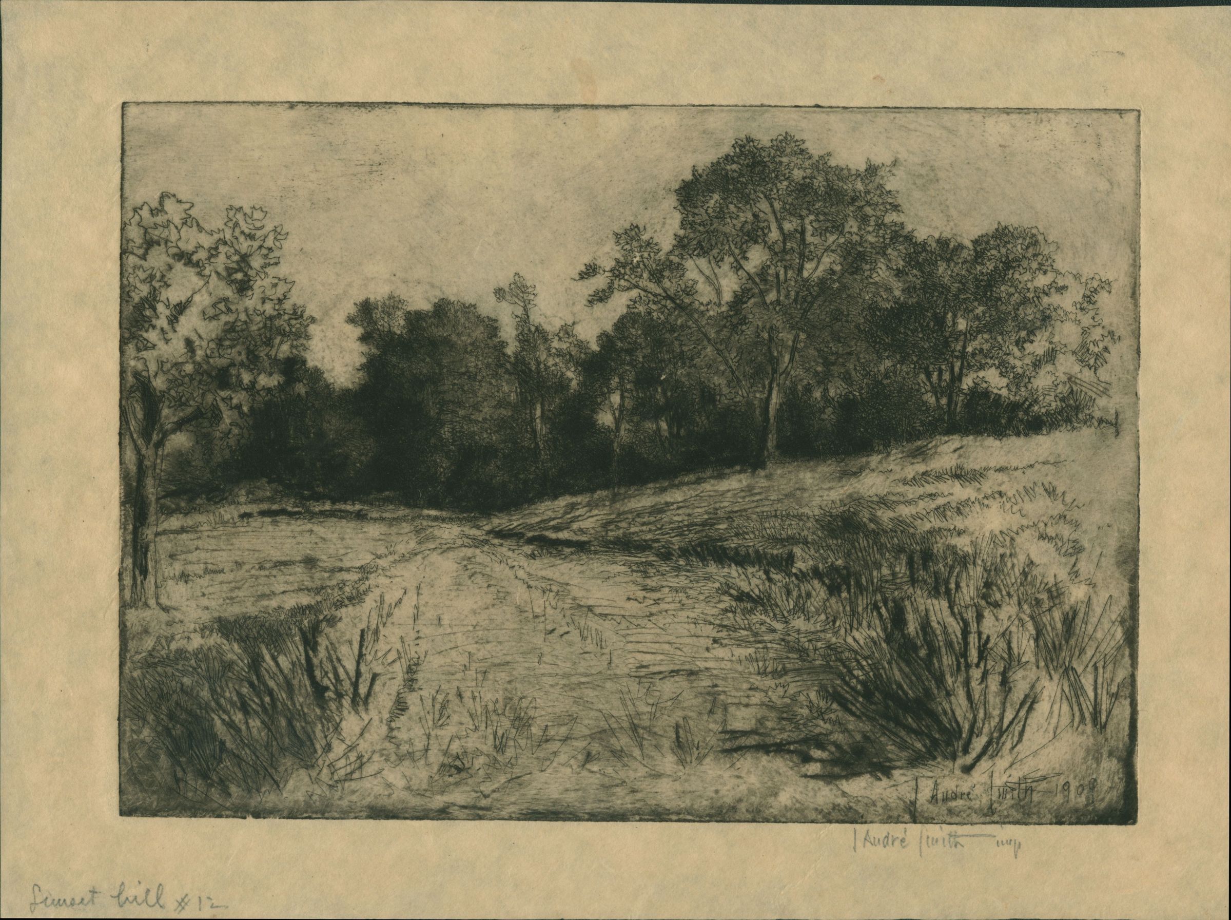 This etching by J. Andre Smith depicts a serene landscape featuring a winding dirt path leading into a densely wooded area, with tall trees surrounding the trail on both sides. The intricate details in the foliage and the subtle shading techniques create a sense of depth and texture, evoking a tranquil, rural setting. The use of light and shadow enhances the atmospheric quality of the scene, drawing the viewer's eye towards the distance. The artwork's composition captures the peaceful essence of a quiet countryside, inviting contemplation.