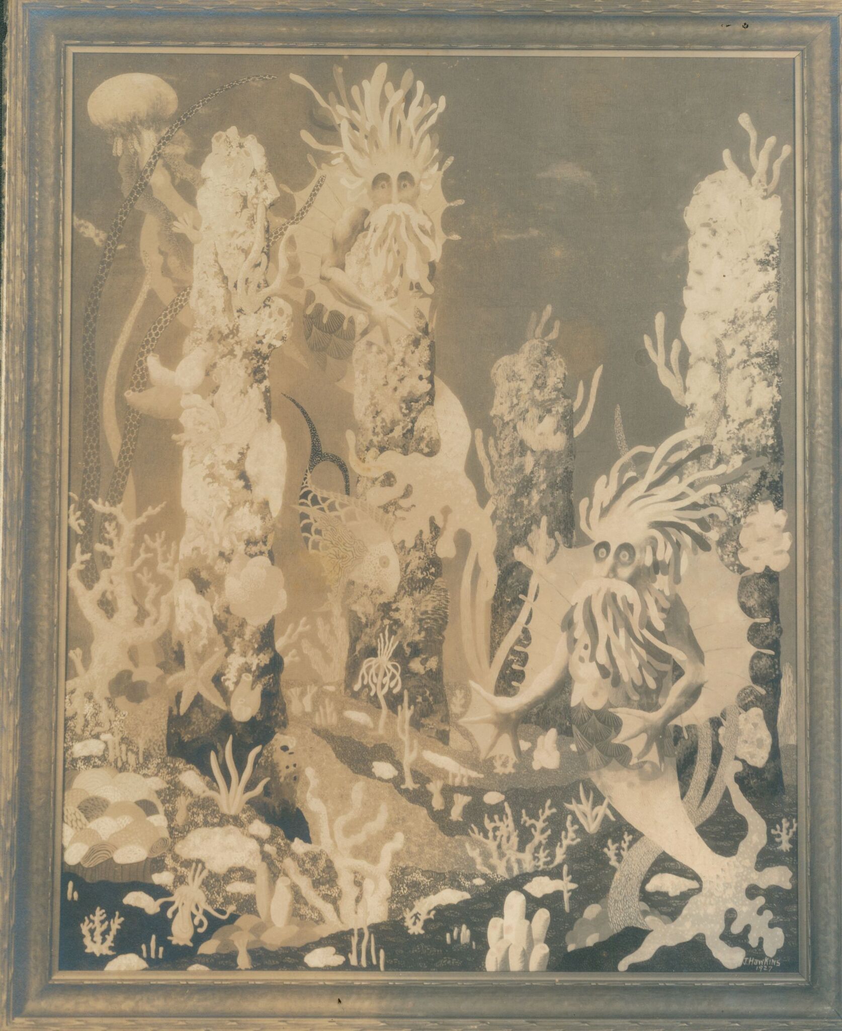 The image is a surreal underwater scene created by John Hawkins, featuring mythical sea creatures amidst coral formations; prominent are figures with flowing appendages and textured skin, blending fantastical elements with marine life, all rendered in muted sepia tones that evoke an antique, dreamlike atmosphere, suggesting both mystery and whimsy, as the figures interact fluidly within their aquatic environment, infusing the scene with a sense of depth and wonder, symbolizing an imaginative exploration of the ocean's mysteries.