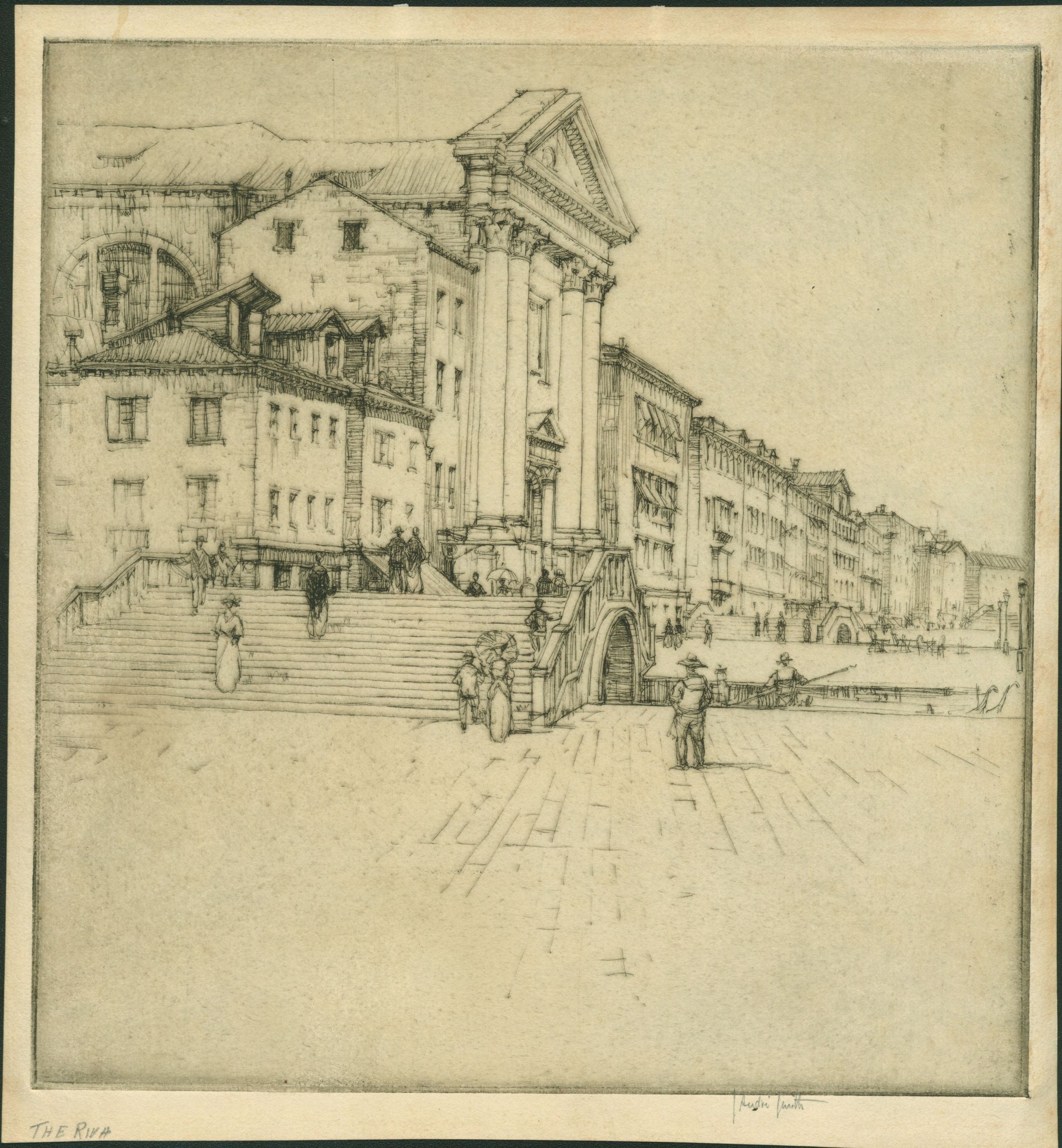 In "The Riva," J. André Smith captures the Church of the Pietà and the bustle of the Riva degli Schiavoni, Venice's grand promenade along the lagoon.: In "The Riva," J. André Smith depicts the Church of the the Pietà on the Riva degli Schiavoni, the broad waterfront promenade that runs along Venice's lagoon. The church's classical facade, with its tall Corinthian columns and triangular pediment, rises above a wide flight of stone steps where figures pause, stroll and climb. To the right, an arched bridge crosses a canal, and the quay stretches into the distance past rows of buildings with striped awnings. A gondolier stands near the water's edge, and the prows of gondolas appear at the far right. Smith draws the scene with a fine, delicate line and leaves the paved foreground almost empty, giving the view a clam, sunlit openness.