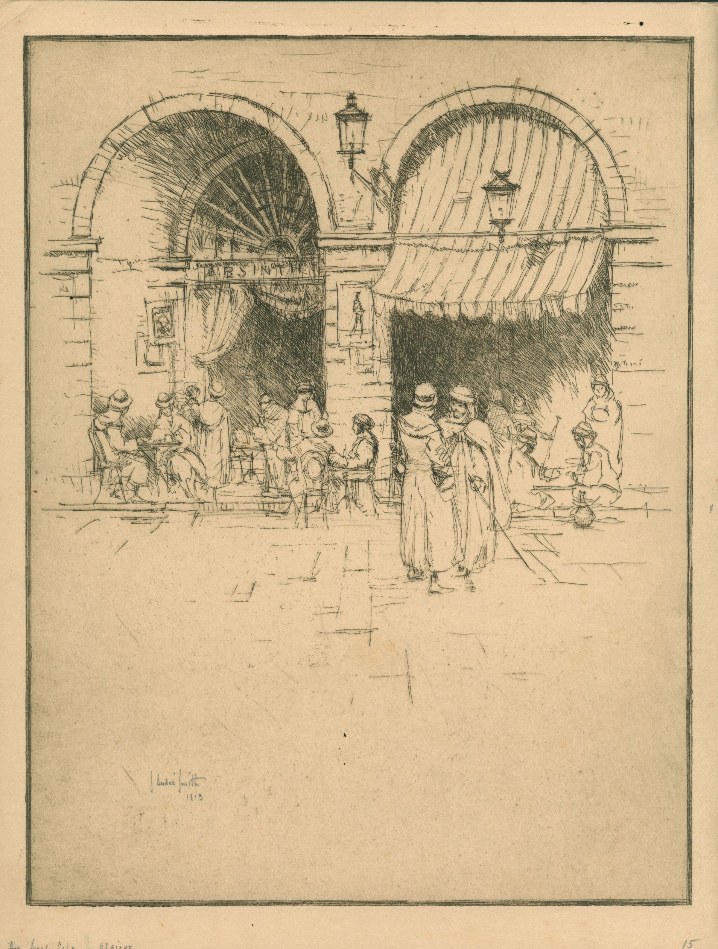 J. André Smith, "The Arab Cafe - Algiers", 1913, Etching on paper: Created in 1913, The Arab Cafe depicts a lively gathering of figures beneath two monumental stone arches, where large fabric awnings provide shade for individuals seated and standing outside a café. Smith employs loose, expressive linework and selective cross-hatching to distinguish the architectural forms from the figures and surrounding activity. The composition is organized around the repetition of the two rounded arches, whose strong geometric forms provide a structured backdrop for the loosely rendered figures below. Two robed figures engaged in conversation occupy the center foreground, while smaller groups seated beneath the awnings contribute to the scene's sense of social activity. The relatively open foreground and restrained use of shading lend the work a spontaneous, observational quality