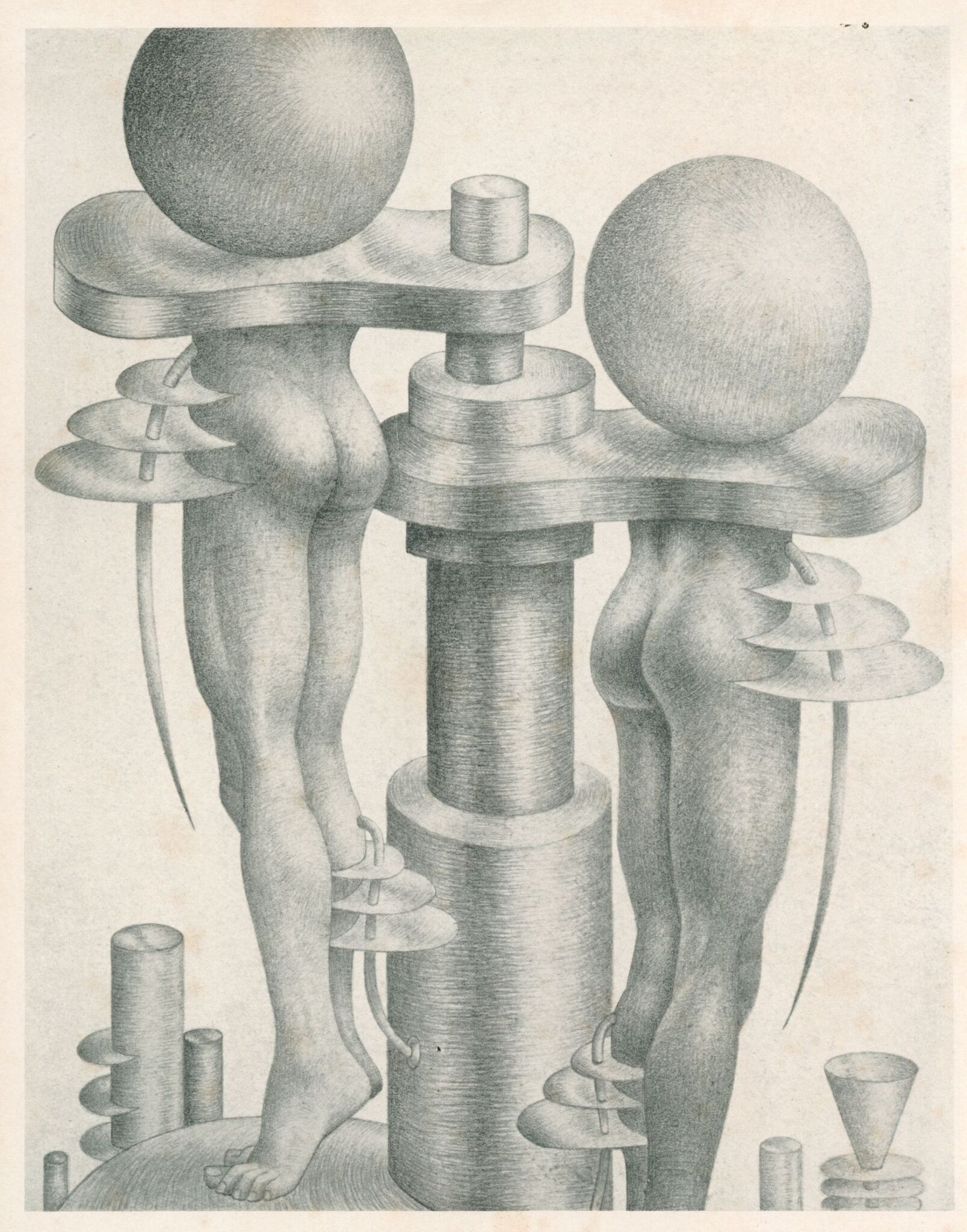 The artwork by John Hawkins features a surreal scene with two humanoid figures that have spherical heads and elongated limbs, positioned atop cylindrical structures. These figures exhibit a mechanical quality, merging organic and industrial elements, with spiral formations extending from their bodies. The background is minimalist, accentuating the blend of human and machine-like features. This intriguing piece evokes themes of transformation and identity within a futuristic or alternate reality, inviting viewers to explore the complex interplay between form and function in a visually striking manner.