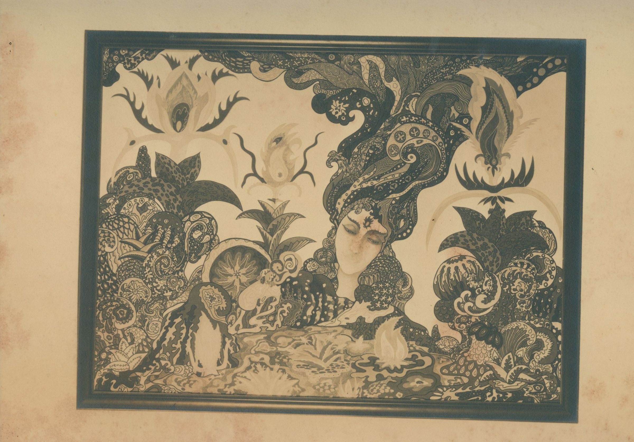 The image, a piece by John Hawkins, intricately depicts a surreal, ornate scene featuring a serene feminine figure submerged in an elaborate tapestry of swirling, abstract patterns and shapes, resembling an enchanting dreamscape. Her cascading hair blends seamlessly with the surroundings, adorned with intricate designs that evoke a sense of nature intertwined with the fantastical. The composition is richly detailed, with a harmonious balance between the lush flora and the delicate, expressive features of the central figure, creating an ethereal atmosphere that invites viewers.