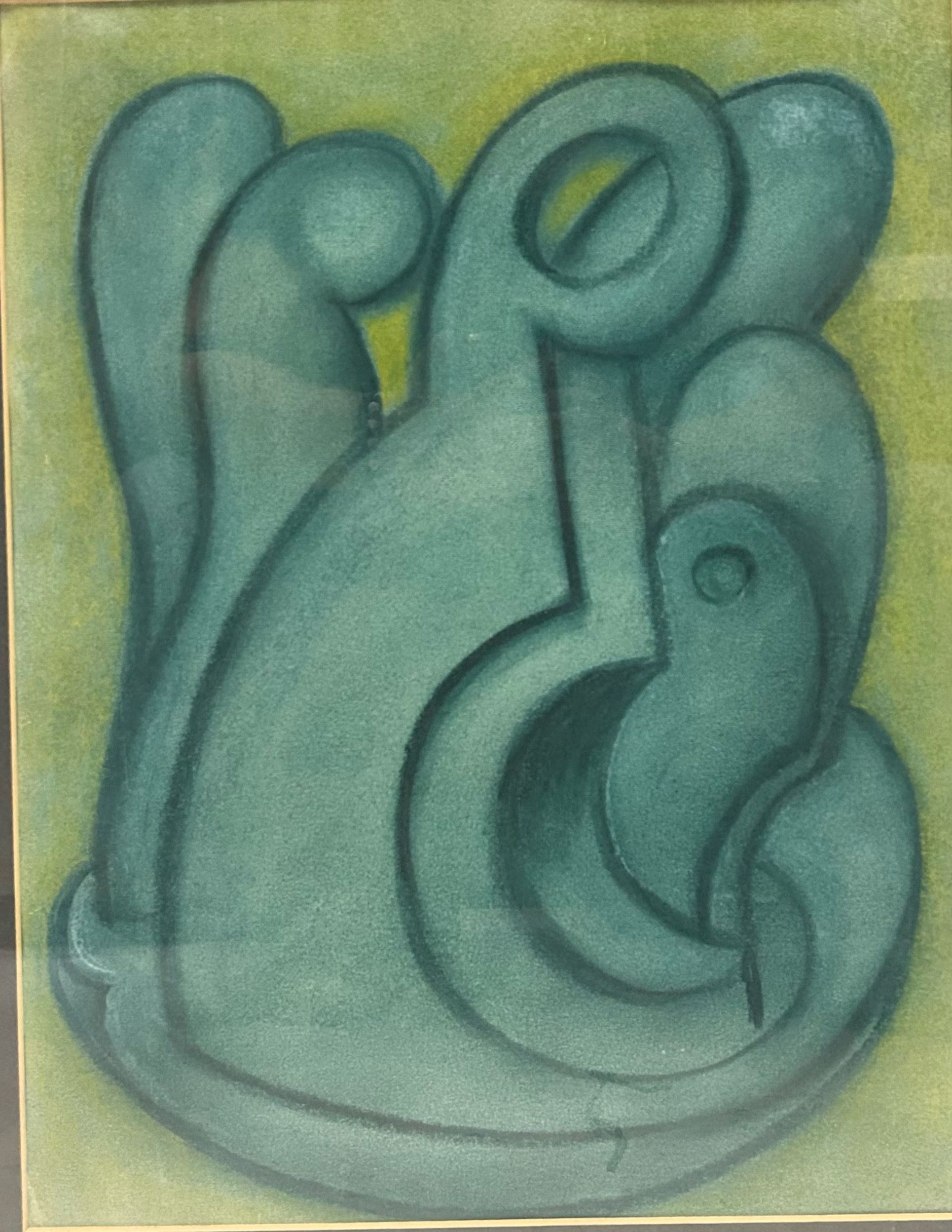 This artwork by J. Andre Smith features an abstract composition with fluid, interlocking shapes in shades of green, creating a harmonious and organic form against a subtle yellowish background. The flowing curves and smooth gradients suggest a sense of movement and unity, with each element seamlessly blending into the next, evoking a feeling of calm and balance. The overlapping forms are outlined with gentle shading, adding depth and dimensionality to the piece, while the overall aesthetic exudes an artistic exploration of form and color.