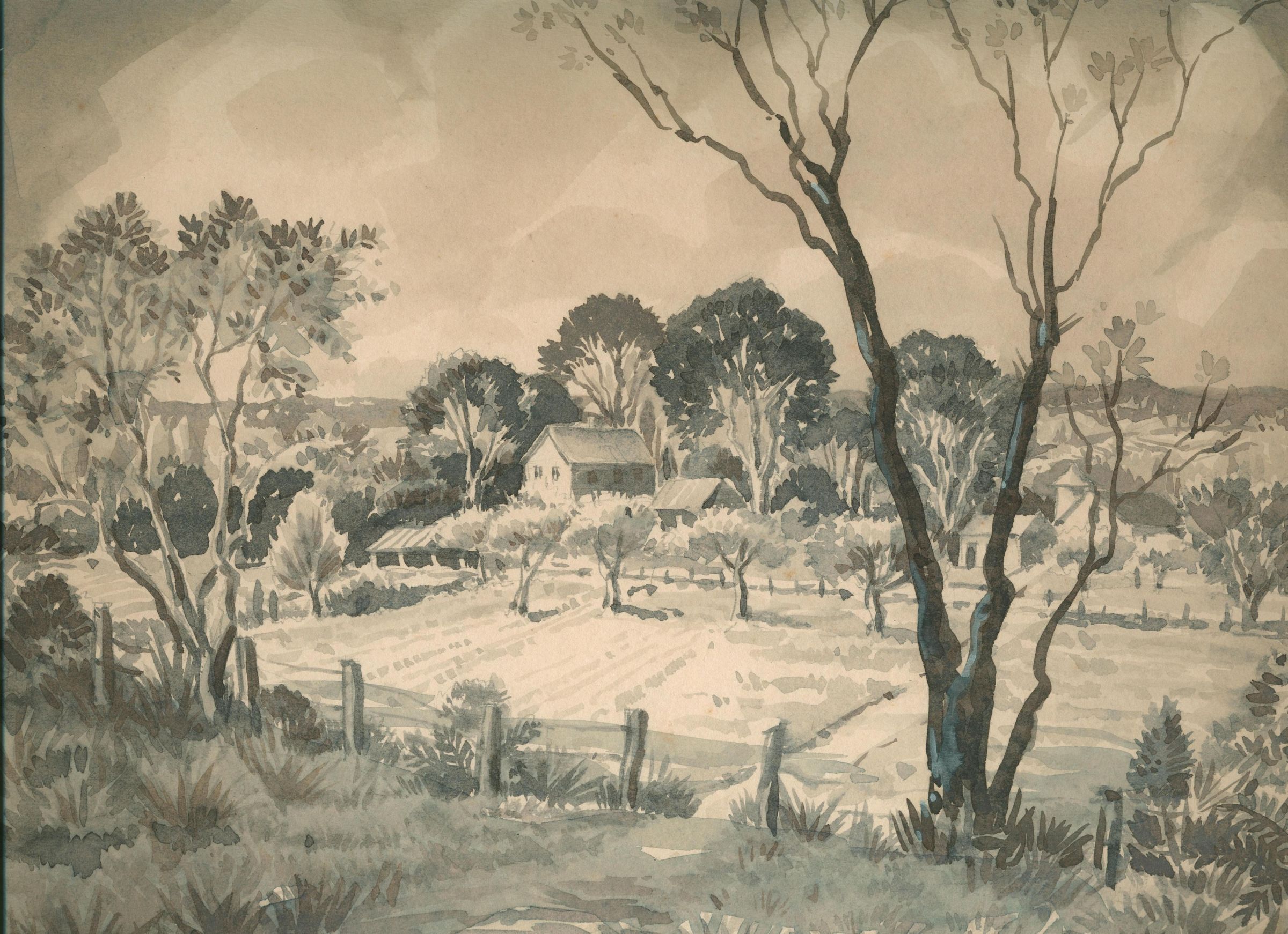 The painting by J. Andre Smith depicts a serene rural landscape, emphasizing a tranquil farmhouse nestled among lush trees and open fields. Rendered in soft, muted tones, the artwork captures the peaceful essence of country life, with a gentle blend of foliage and the delicate outlines of buildings visible through the trees. The scene conveys a sense of quietude, inviting contemplation of nature’s beauty and the harmonious coexistence of human habitation within a verdant environment.