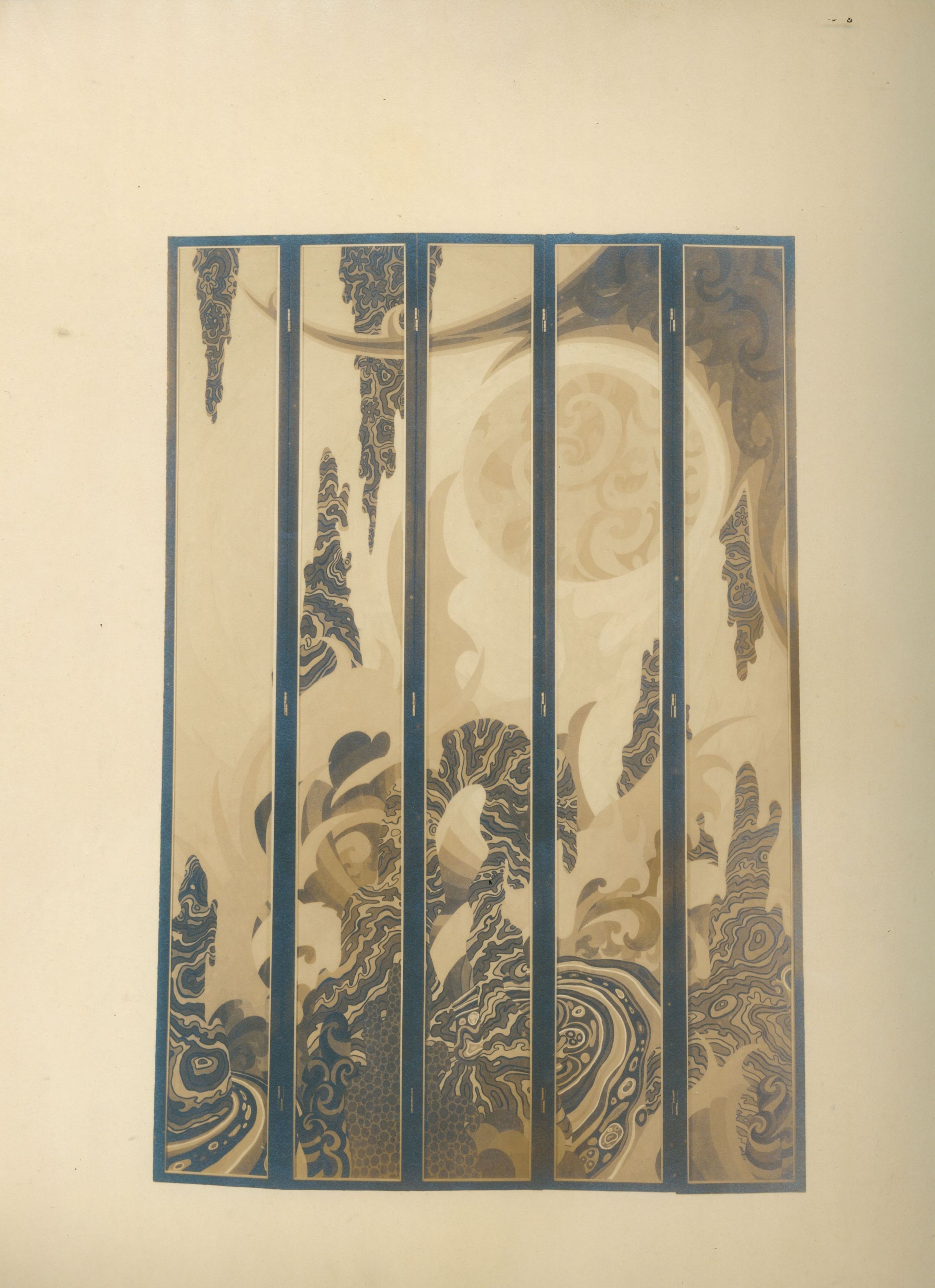 This artwork by John Hawkins features a series of tall, narrow panels each framed in blue, filled with swirling patterns that resemble ocean waves or intricate natural forms. The design integrates various shades of beige and blue, creating a sense of depth and movement. The forms appear abstract and are reminiscent of both land formations and liquid motion, reflecting a harmonious blend of texture and color. The use of intricate detailing and the flowing lines suggest a dynamic, yet serene composition, capturing the viewer's attention.