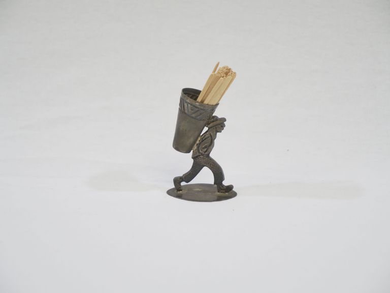 Man Carrying Basket on Back Metal Toothpick Holder