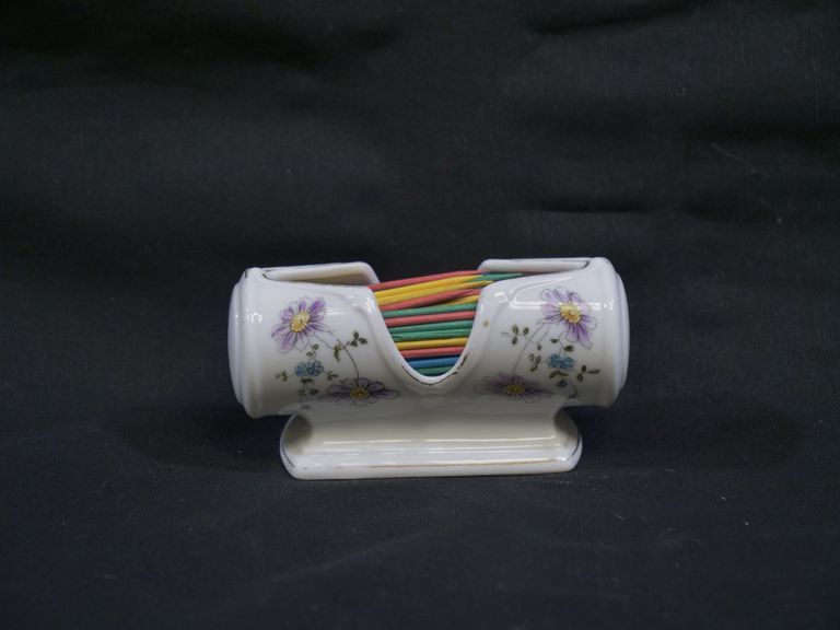 Porcelain Sanitary Toothpick Holder with Purple Flowers.