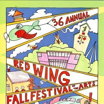 Poster for the 36th Annual Red Wing Fall Festival of the Arts: A full-color poster promoting the 36th Annual Red Wing Fall Festival of the Arts. The poster has a pale green and yellow background and features a whimsical drawing of various Red Wing icons: the tower at the Anderson Center, the jester statue in Levee Park, the train tracks behind the Red Wing Depot. The poster art is by Bruce Dunlap. The text reads: "A Celebration of Art, Music, and Food In Historic Downtown Red Wing. October 12 & 13, 2002. Saturday 9am-5pm, Sunday 10am-4pm." RWAA's logo is in the lower left corner in blue. Munson Printing Co's logo is in the lower right.