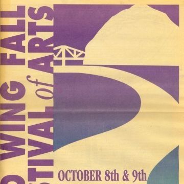Red Wing Fall Festival of Arts Booklet, 1994: The front cover of Red Wing's Fall Festival of Arts booklet. 1994's festival was on October 8th and 9th at Bay Point Park on Saturday, 10am-5pm, and Sunday, 10am-4pm. The booklet features purple text on a stylized depiction of the bridge connecting Minnesota and Wisconsin and He Mni Can-Barn Bluff printed in a blue-to-purple gradient.