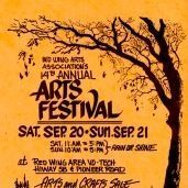 Invitation to the 14th Annual Red Wing Arts Festival: An orange flyer promoting the Red Wing Arts Association's 14th Annual Arts Festival. The flyer features a bold black drawing of a tree with falling leaves, a rustic building behind it, and a shoreline in the distance. The festival is scheduled for Saturday, September 20th from 11a-5p and Sunday, September 21st from 10a-5p at Red Wing Area Vo-Tech, Hiway 58 & Pioneer Road.