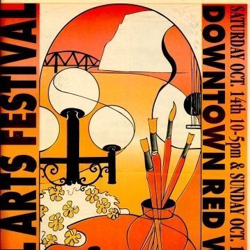 Red Wing Fall Festival of Arts Booklet, 1995: The front cover of Red Wing Arts' Fall Art Festival, held in downtown Red Wing on Saturday, October 14th from 10-5pm and Sunday, October 15th from 10-4pm. The booklet features a book labeled "Minnesota Authors" next to a container of brushes and set against Red Wing's iconic baskets of petunias. The colors range from red to golden yellow.